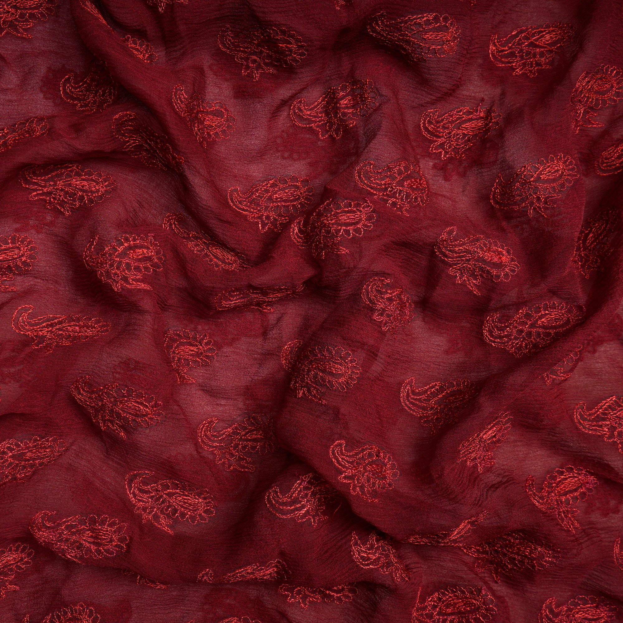 (Pre-Cut 1.95 Mtr)Merlot Motif Pattern Thread Embroidered Silk Fabric