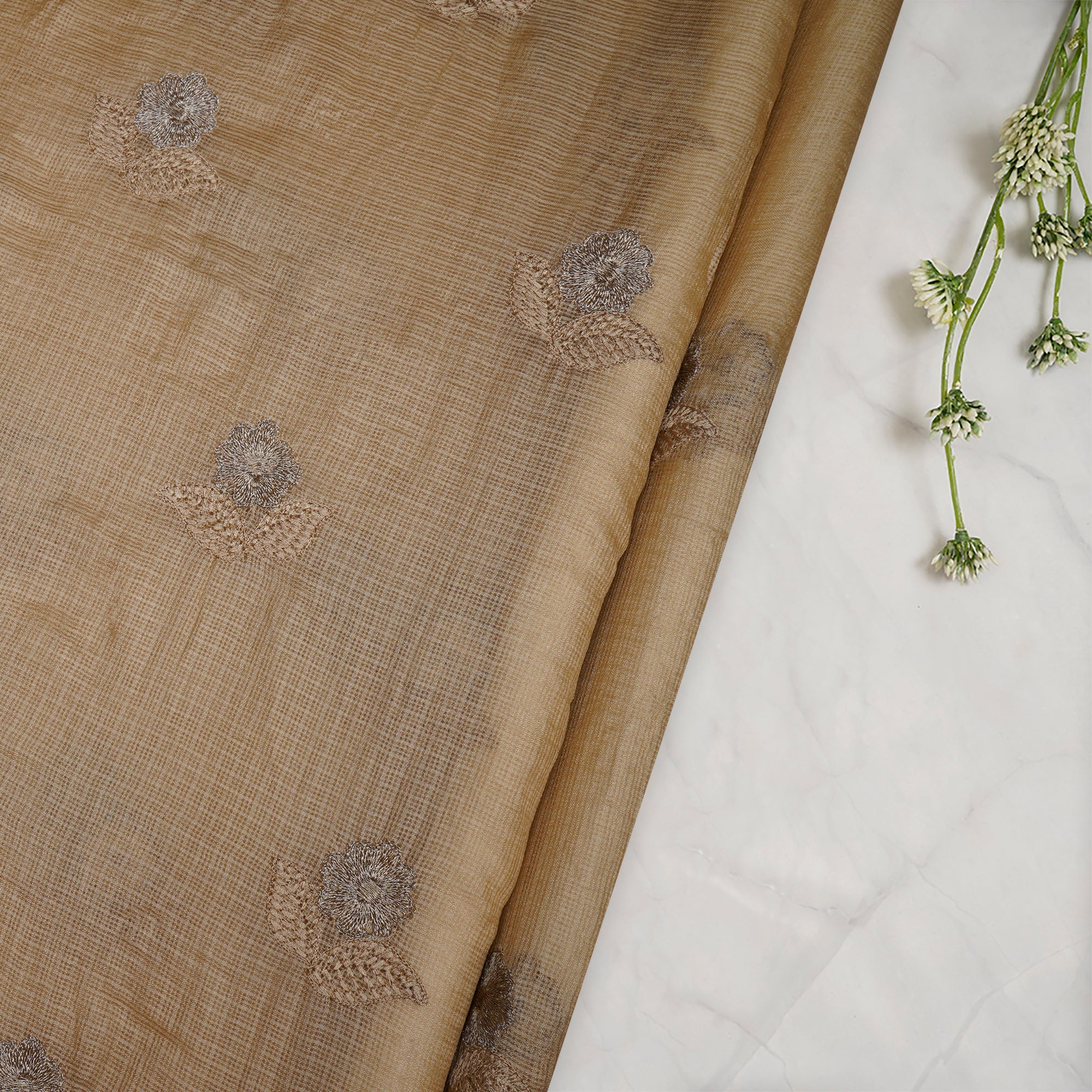 (Pre-Cut 2.30 Mtr)Beige Color Embroidered Kota Silk Fabric