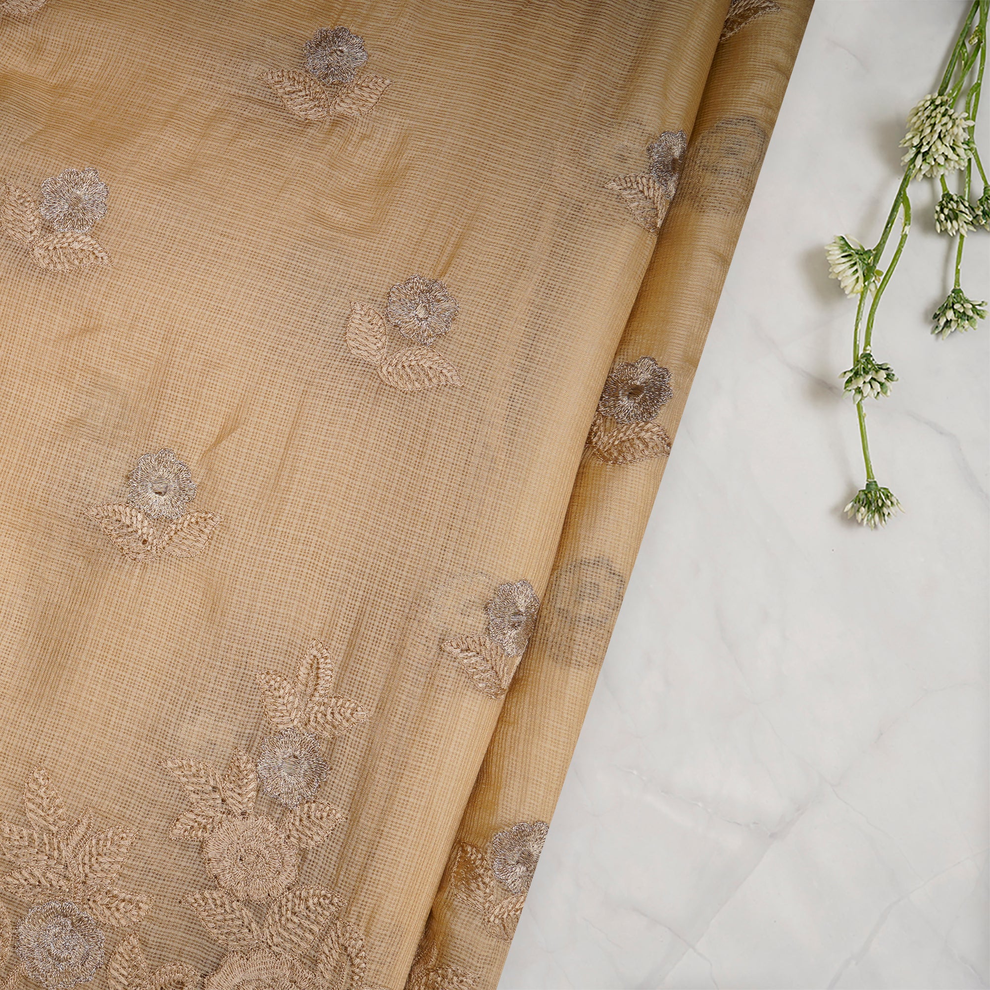 (Pre-Cut 4.40 Mtr) Beige Motif Pattern Thread Embroidered Silk Fabric