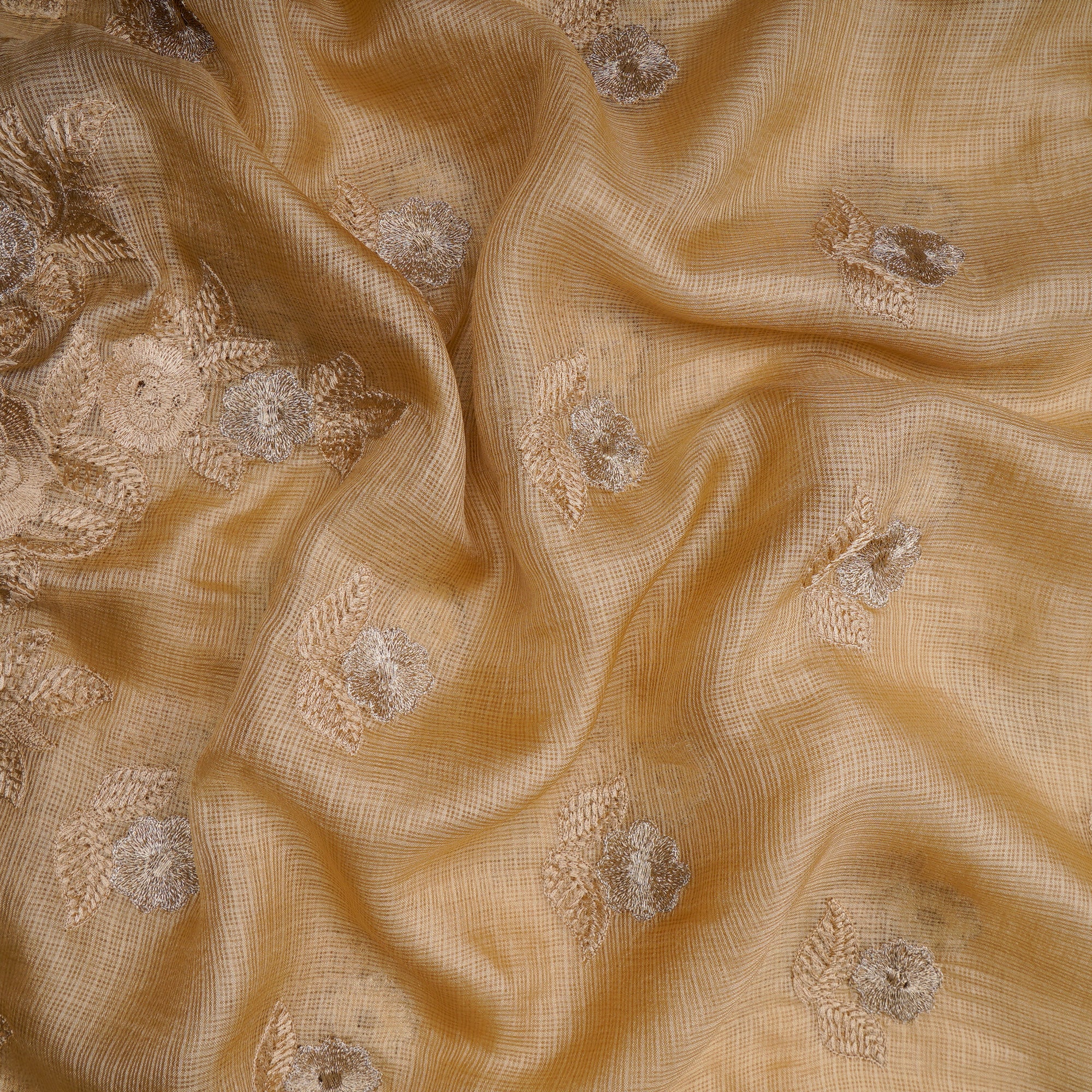 (Pre-Cut 4.40 Mtr) Beige Motif Pattern Thread Embroidered Silk Fabric