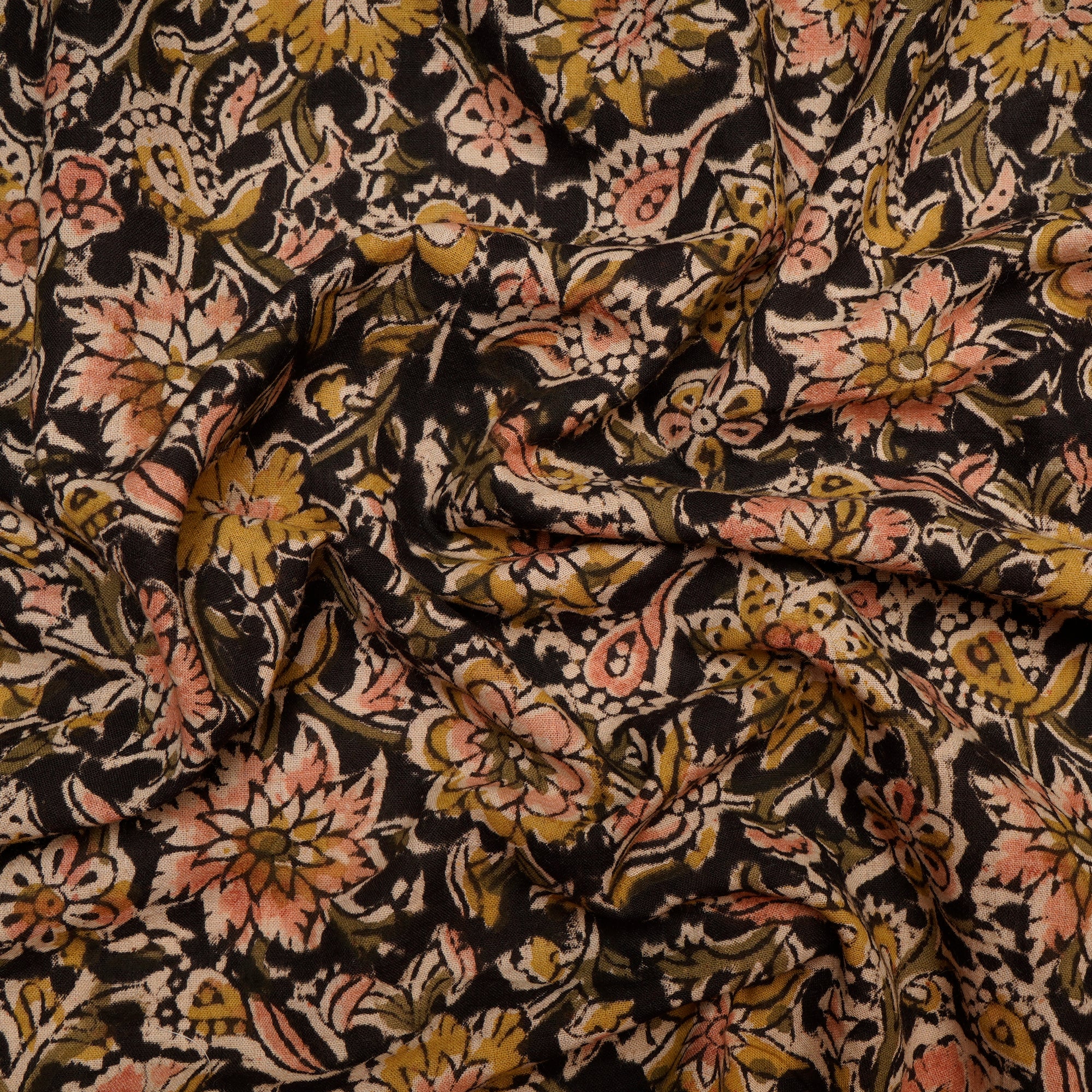 (Pre Cut 0.50 Mtr)Black-Sage Handcrafted Kalamkari Printed Pure Cotton Fabric