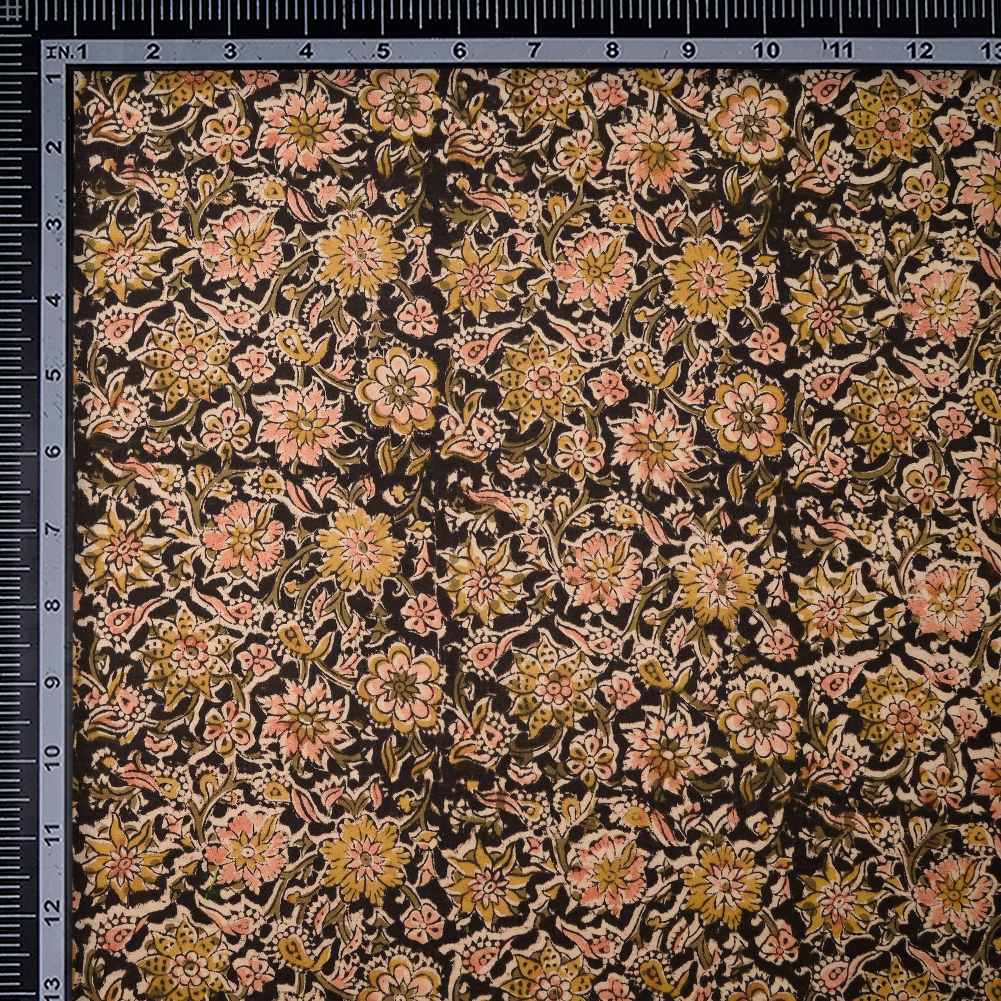 (Pre Cut 0.50 Mtr)Black-Sage Handcrafted Kalamkari Printed Pure Cotton Fabric