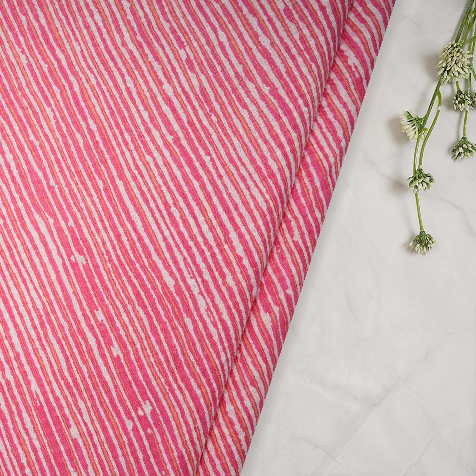 (Pre-Cut 1.80 Mtr)Pink-White Lehariya Pattern Block Print Cotton Fabric