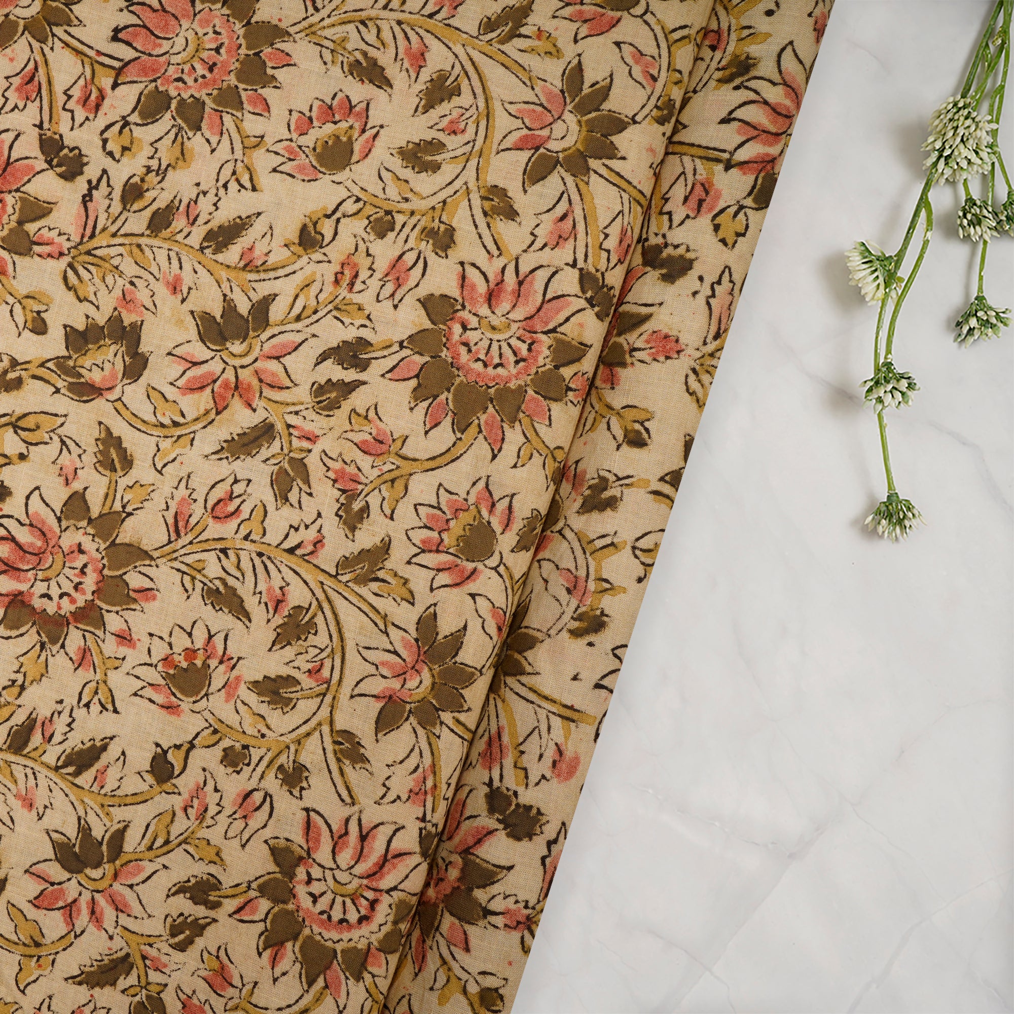 (Pre-Cut 2.00 Mtr)Multi Color Floral Pattern Screen Printed kalamkari Cotton Fabric