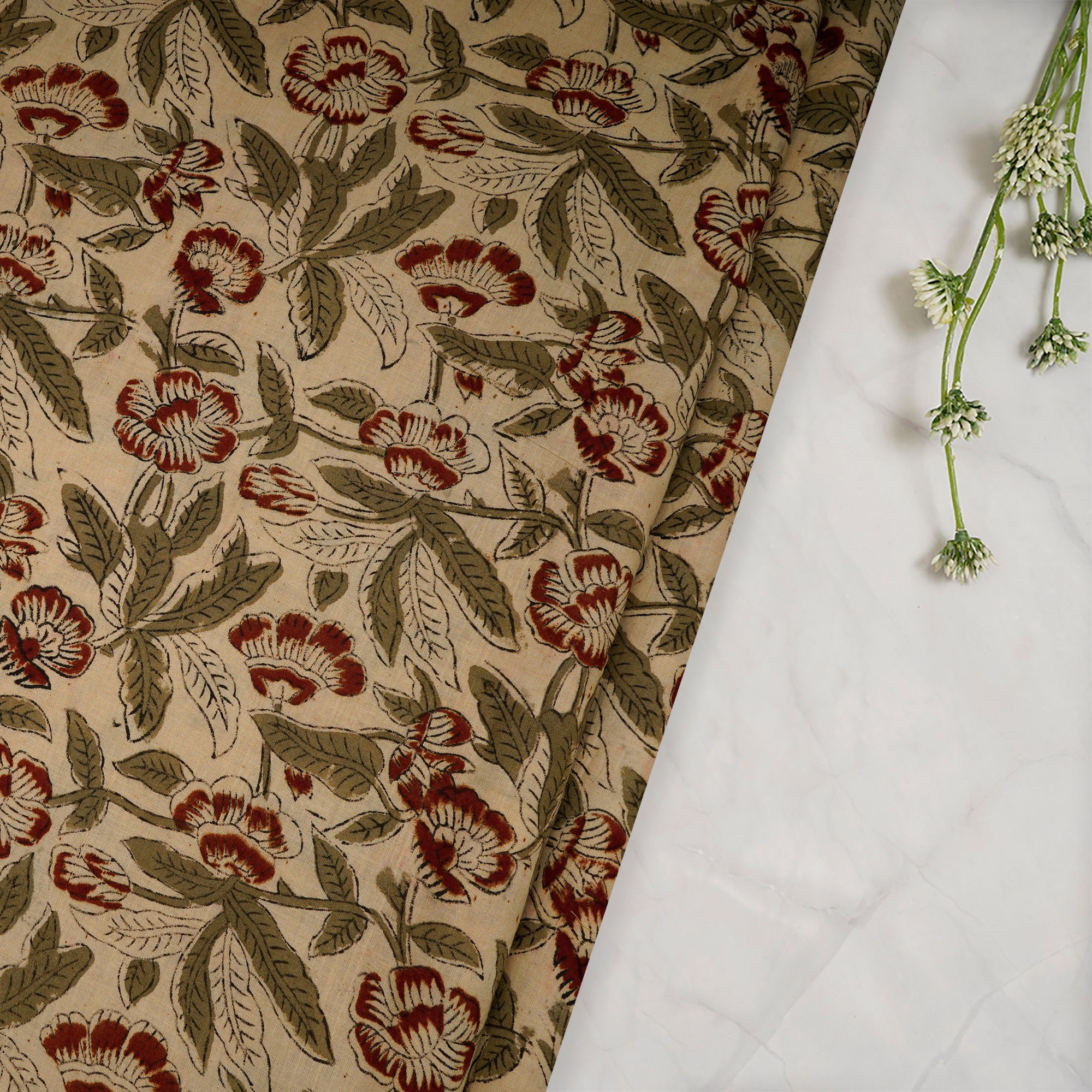 (Pre-Cut 2.00 Mtr)Cream-Maroon Color Handcrafted Kalamkari Printed Pure Cotton Fabric