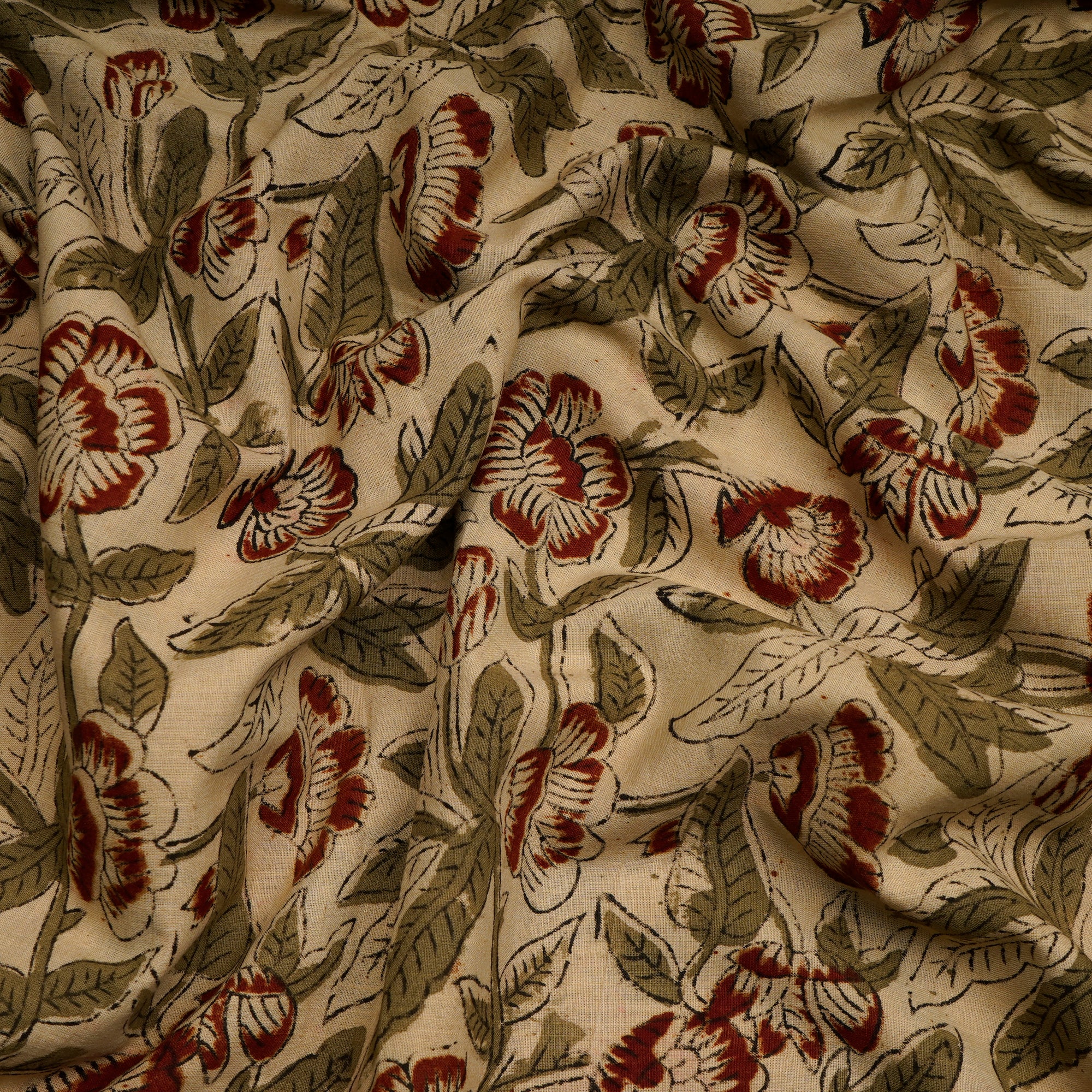 (Pre-Cut 2.00 Mtr)Cream-Maroon Color Handcrafted Kalamkari Printed Pure Cotton Fabric