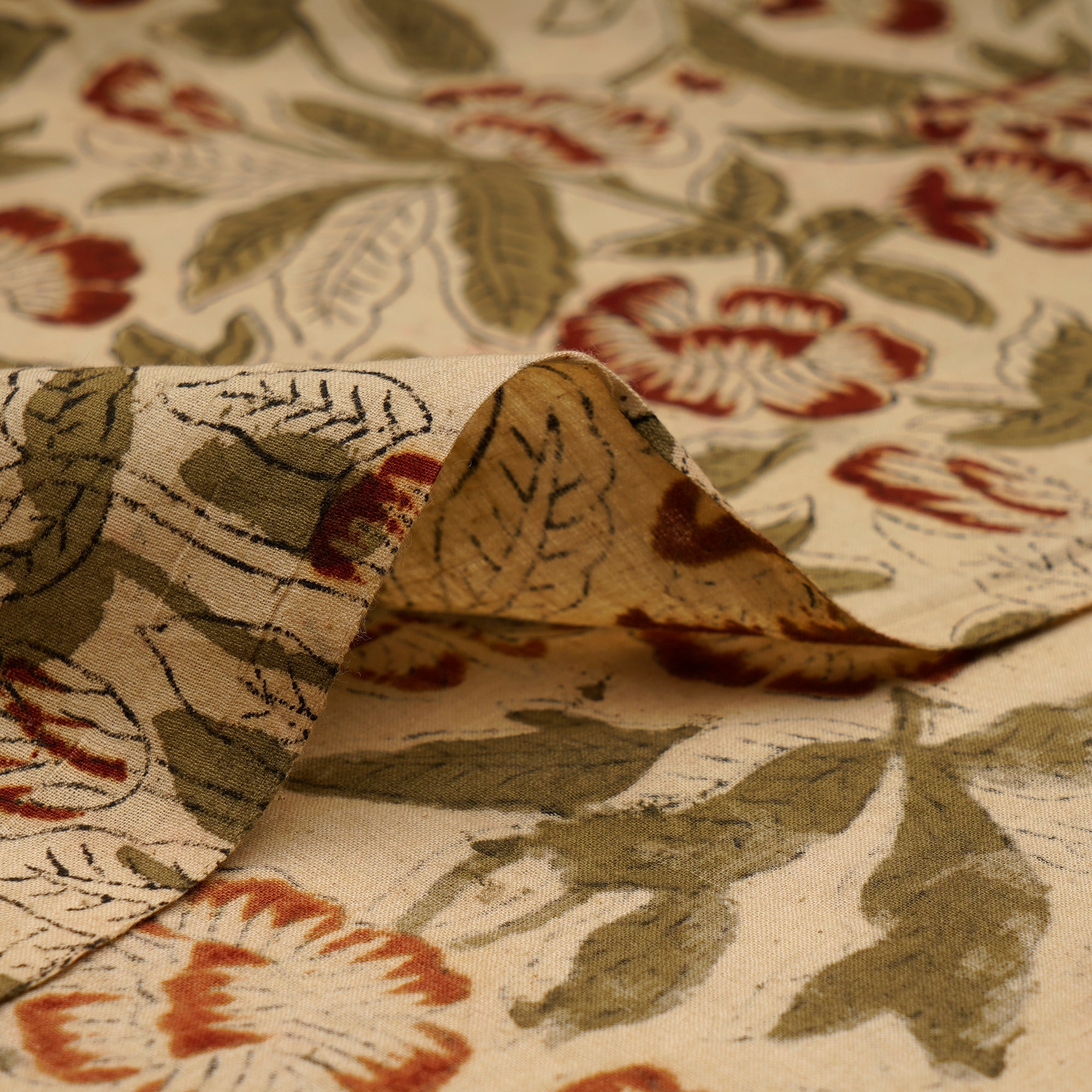 (Pre-Cut 2.00 Mtr)Cream-Maroon Color Handcrafted Kalamkari Printed Pure Cotton Fabric