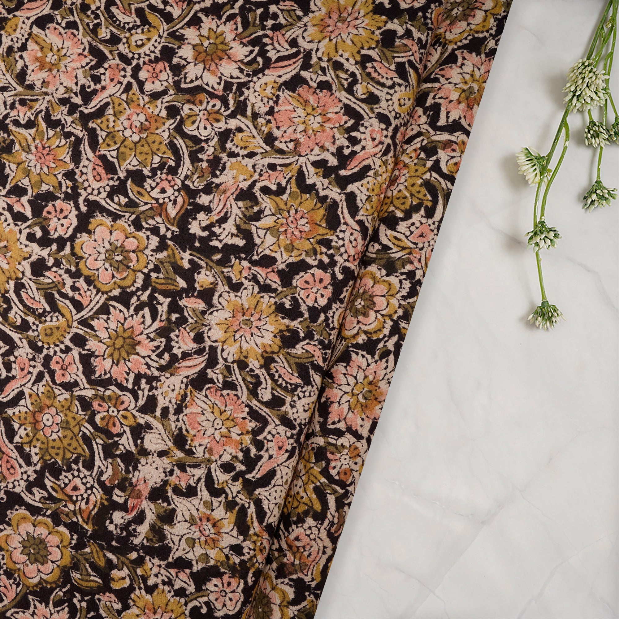 (Pre-Cut 2.20 Mtr)Multi Color Traditional Pattern Hand Block Kalamkari Printed Cotton Fabric