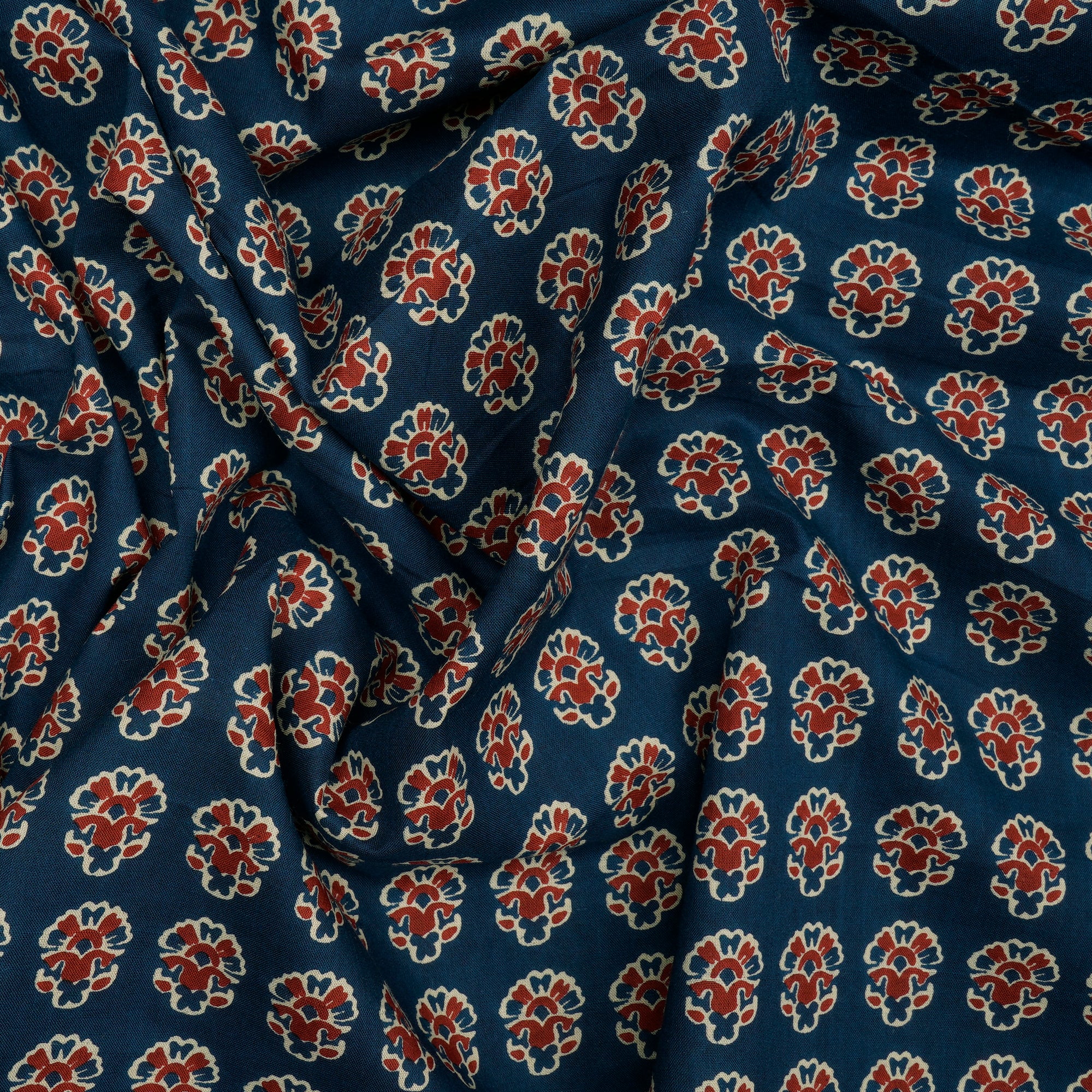 (Pre-Cut 2.35 Mtr)Navy Blue Motif Pattern Hand Block Print Cotton Fabric