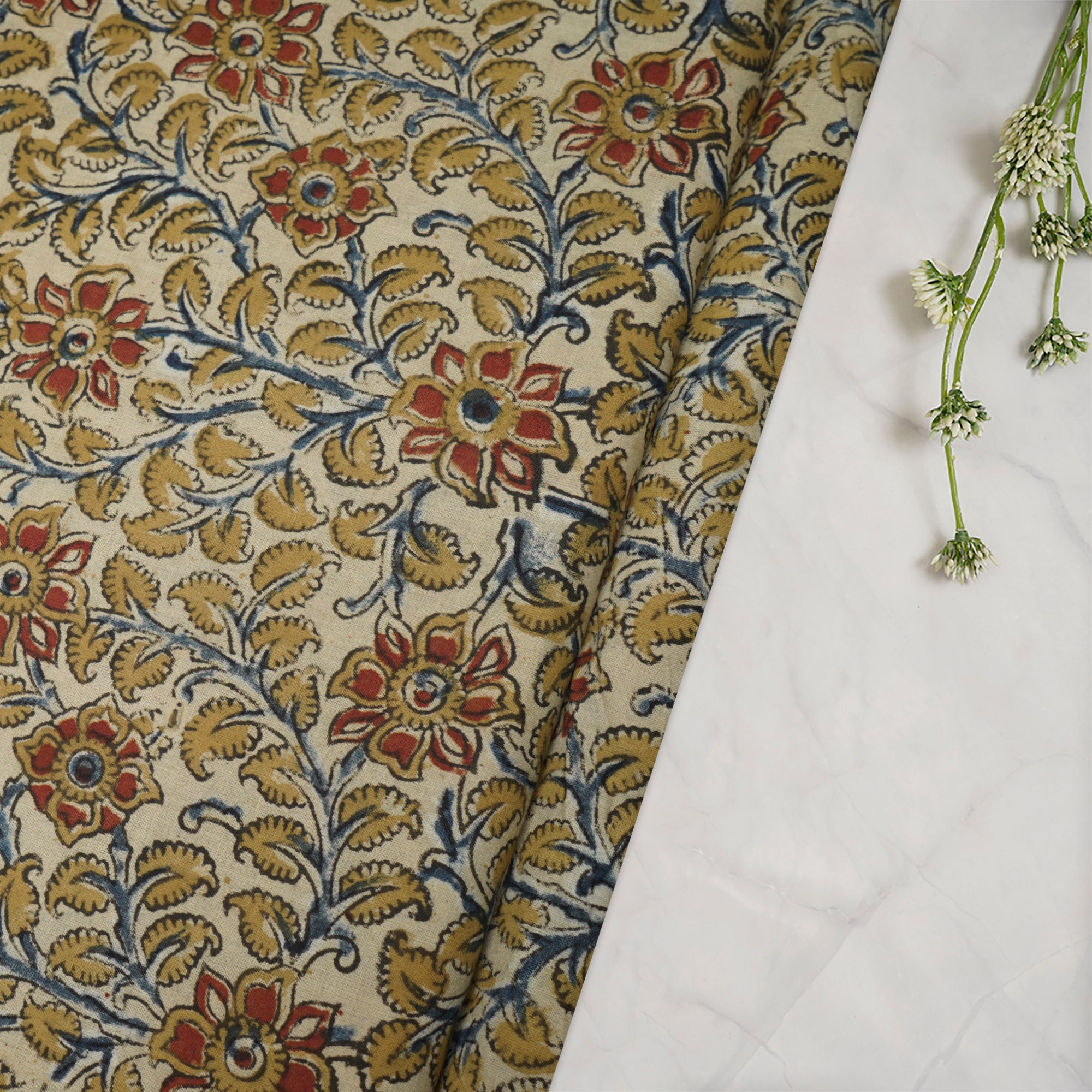 (Pre-Cut 3.30Mtr)Cream Color Handcrafted Kalamkari Printed Pure Cotton Fabric