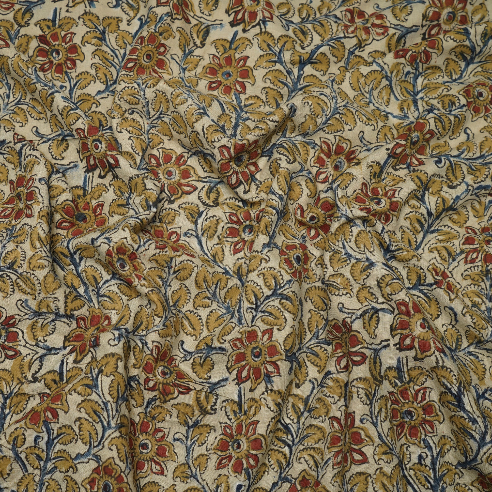 (Pre-Cut 3.30Mtr)Cream Color Handcrafted Kalamkari Printed Pure Cotton Fabric