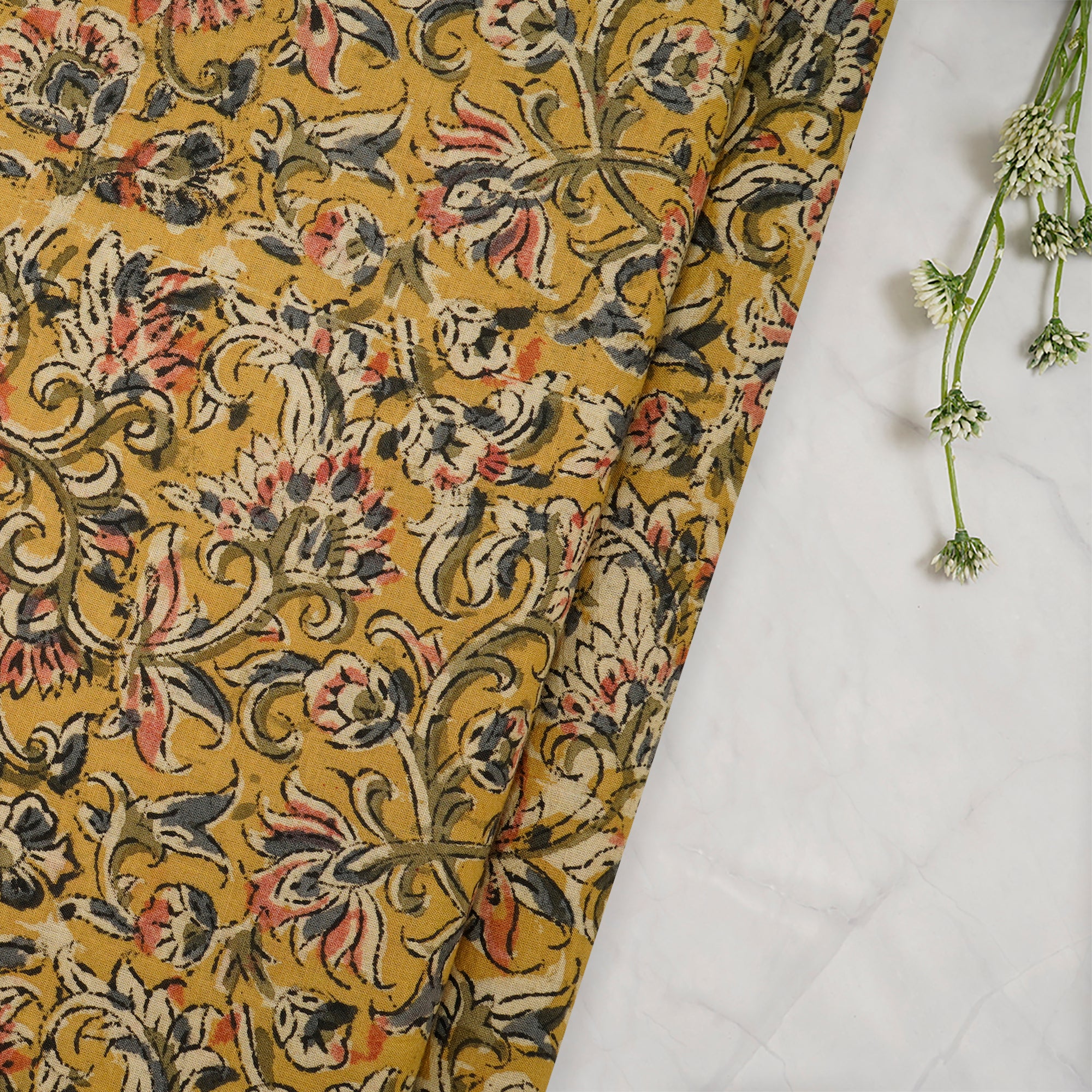 (Pre-Cut 3.80 Mtr)Mustard Handcrafted Kalamkari Printed Pure Cotton Fabric