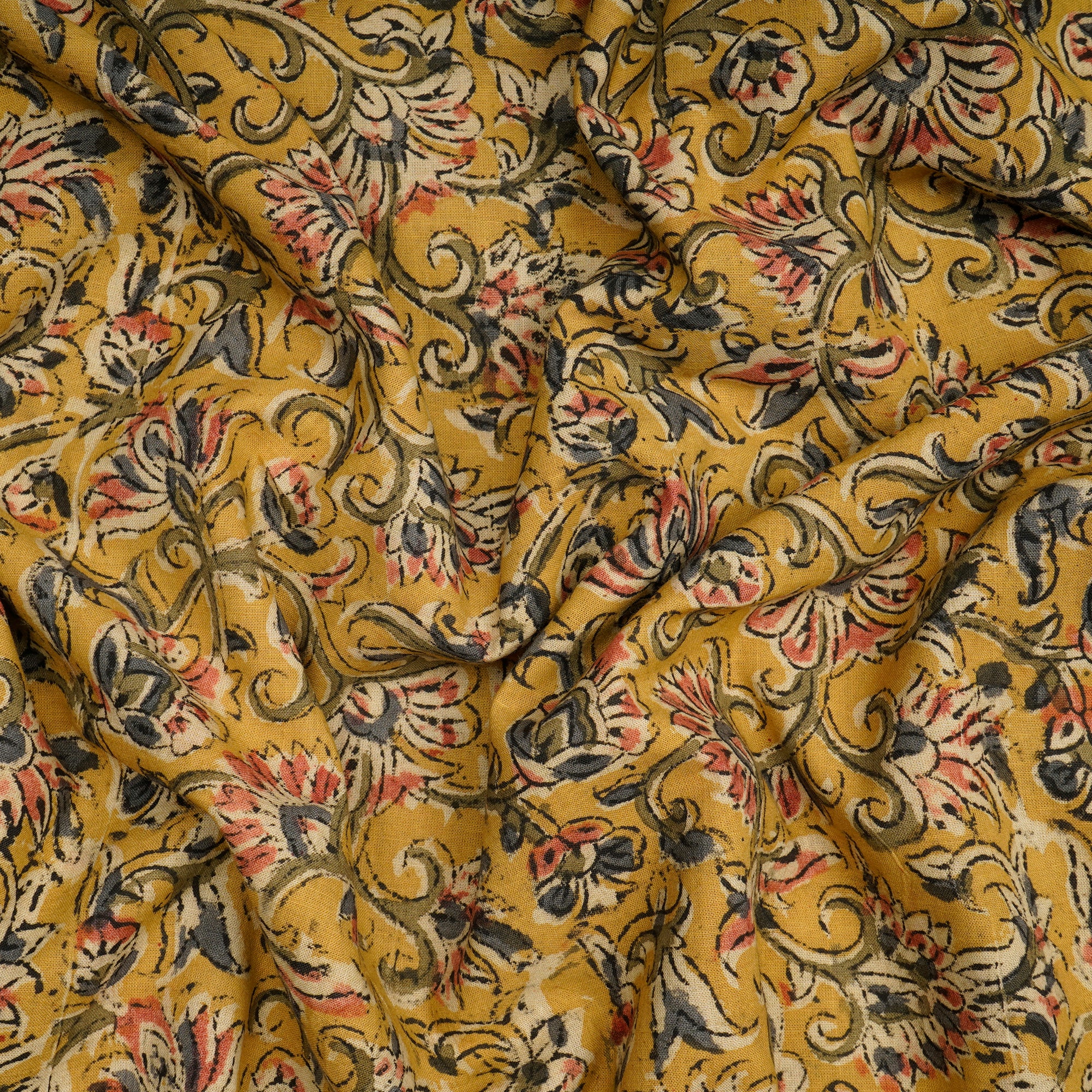 (Pre-Cut 3.80 Mtr)Mustard Handcrafted Kalamkari Printed Pure Cotton Fabric