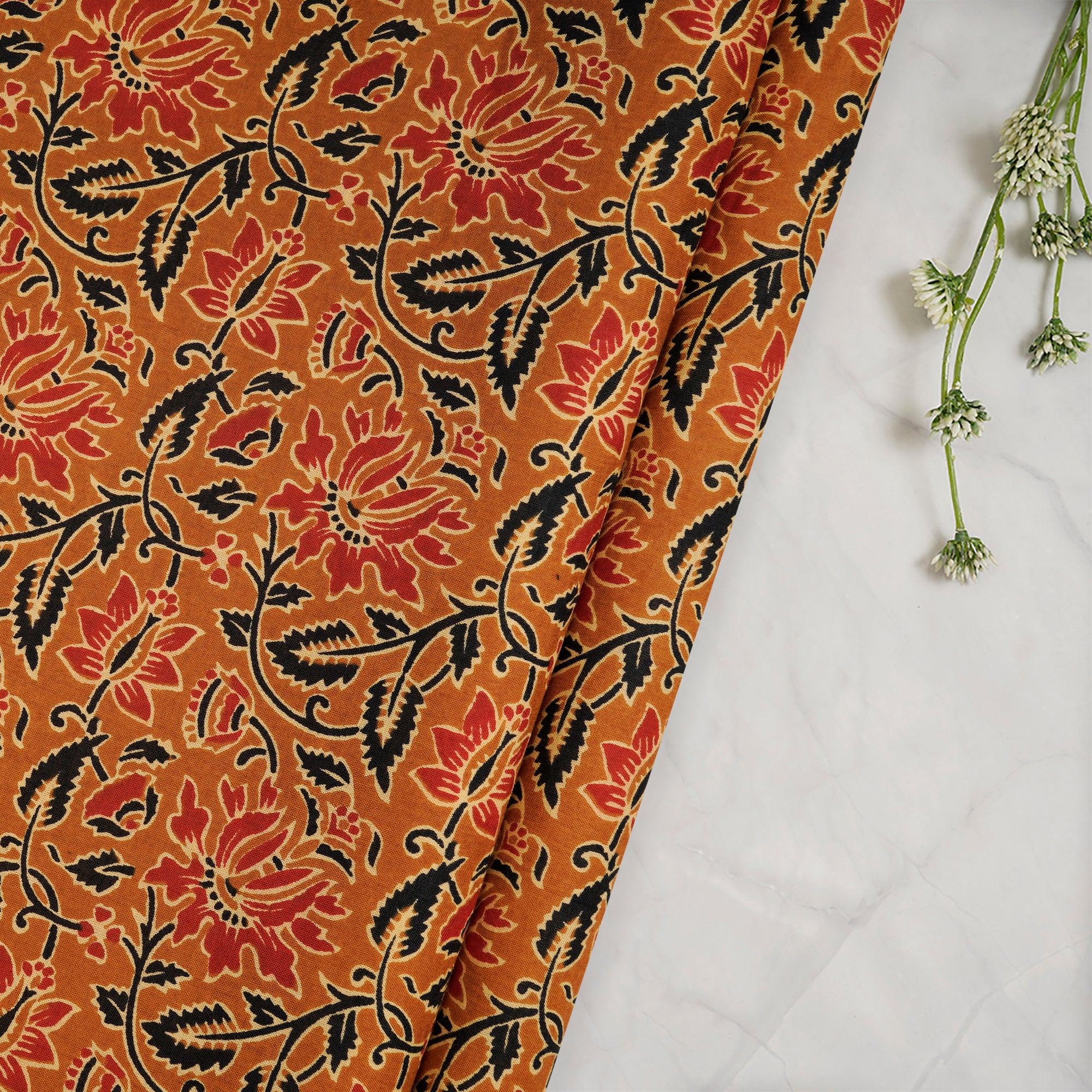 (Pre-Cut 0.80 Mtr)Mustard Hand Block Printed Cotton Fabric