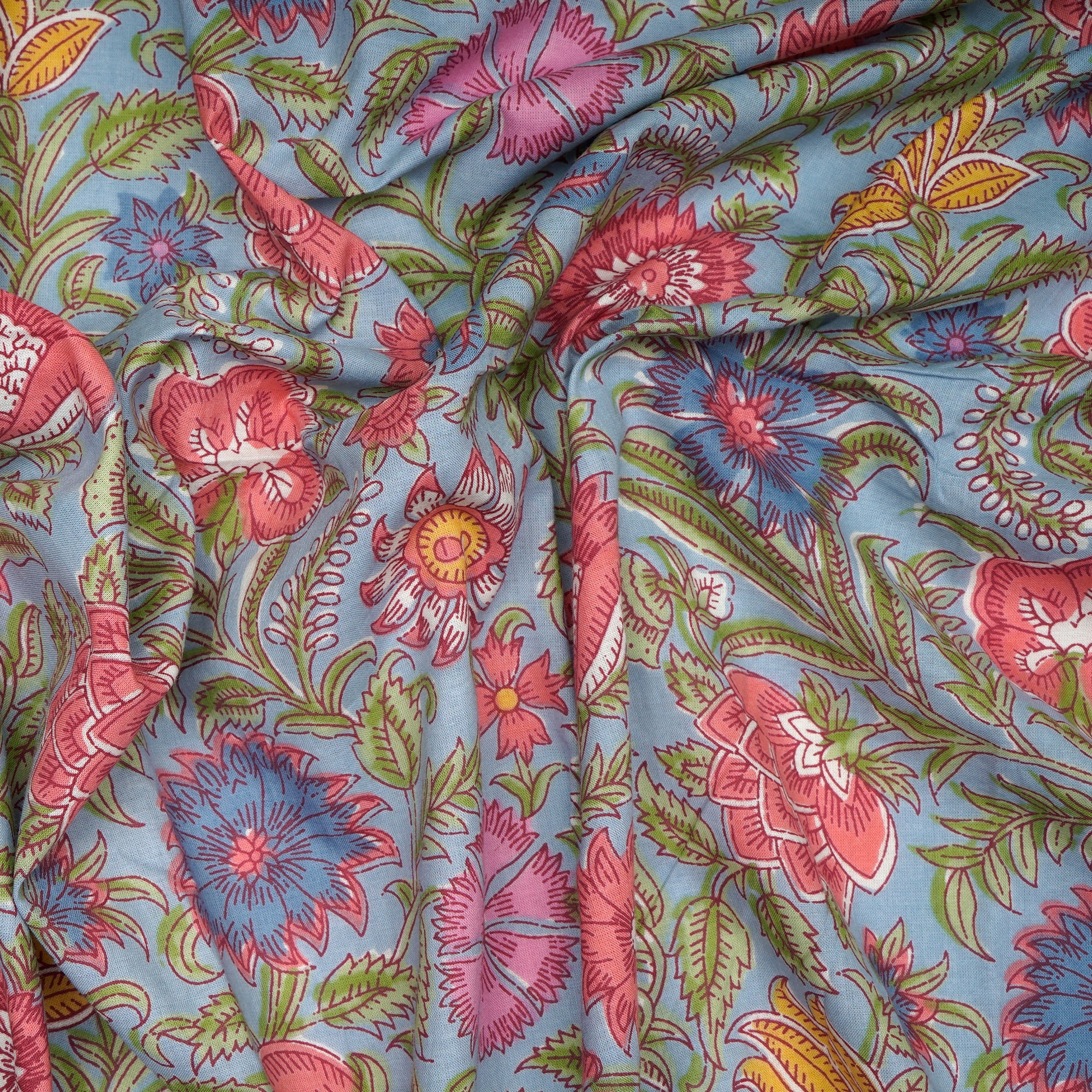 (Pre-Cut 0.95 Mtr)Multi Color Floral Pattern Screen Printed kalamkari Cotton Fabric