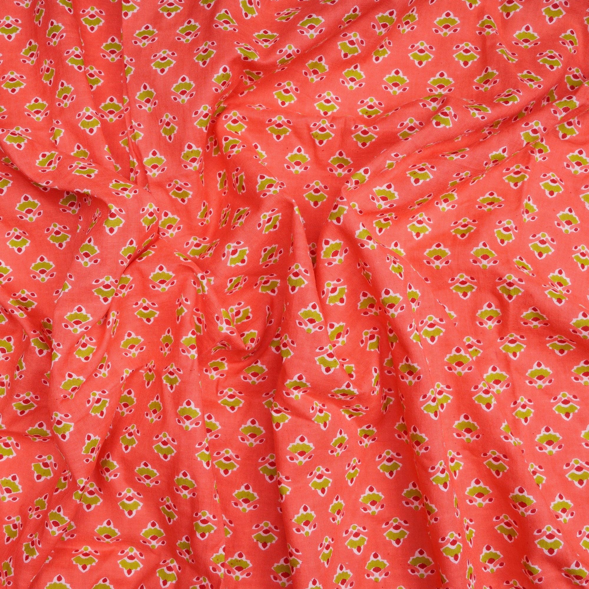 (Pre-Cut 1.00 Mtr)Peach Booti Pattern Hand Block Printed Cotton Fabric