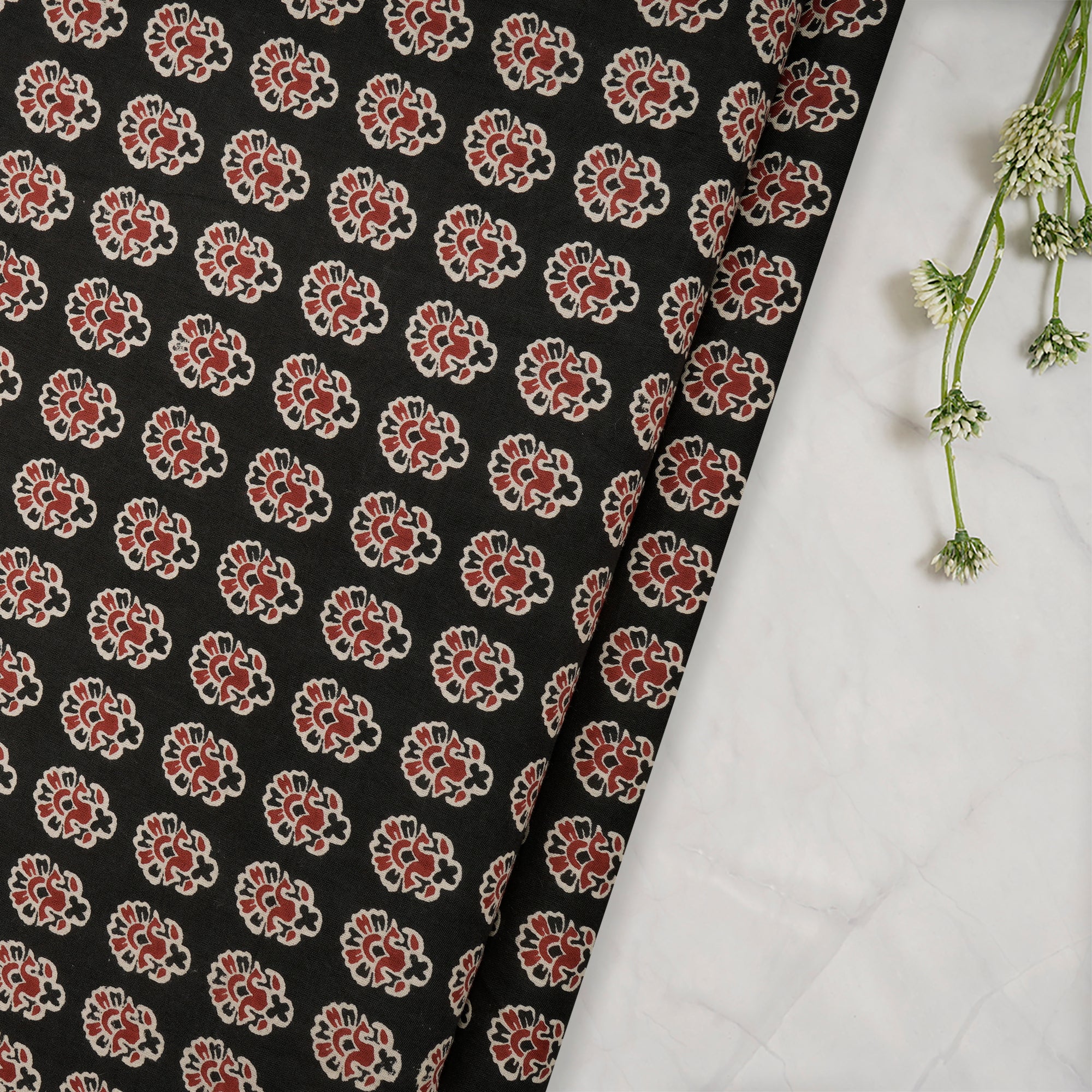 (Pre-Cut 2.65 Mtr) Black Motif Pattern Hand Block Print Cotton Fabric