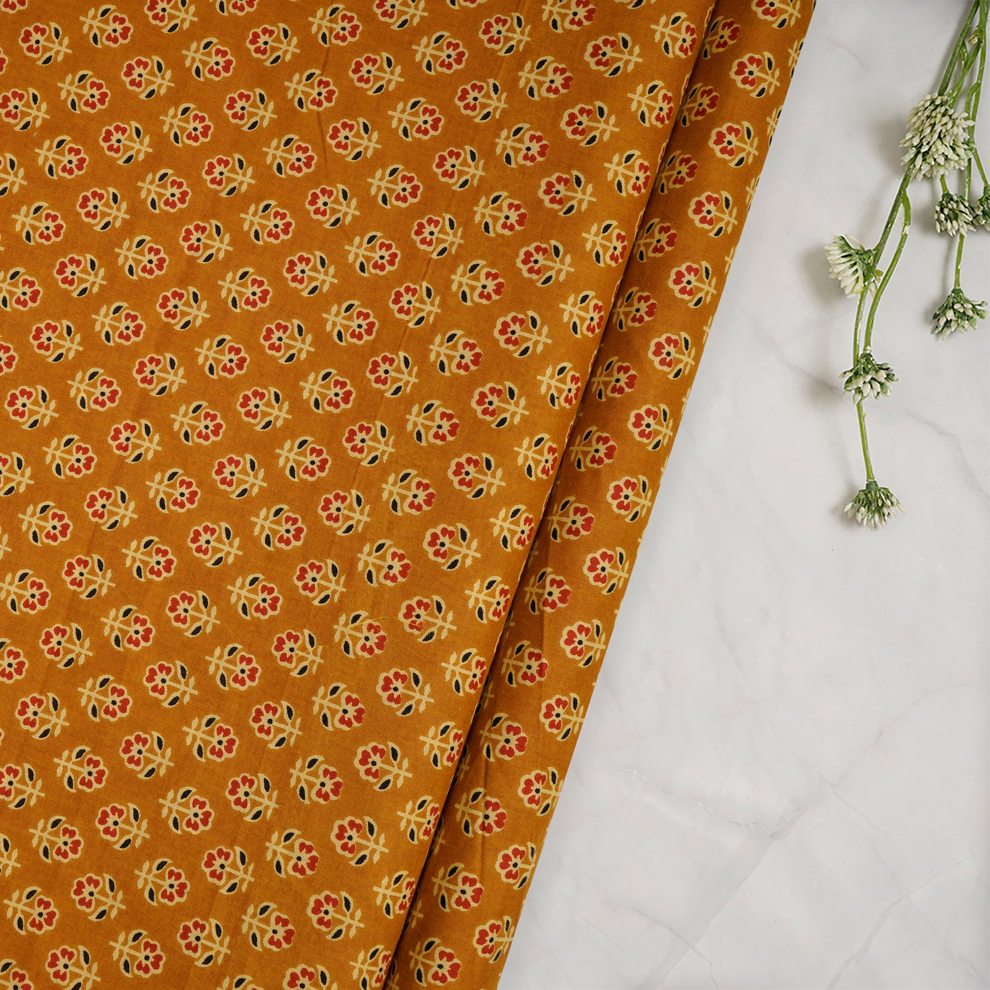 (Pre-Cut 3.10 Mtr)Mustard Hand Block Printed Cotton Fabric