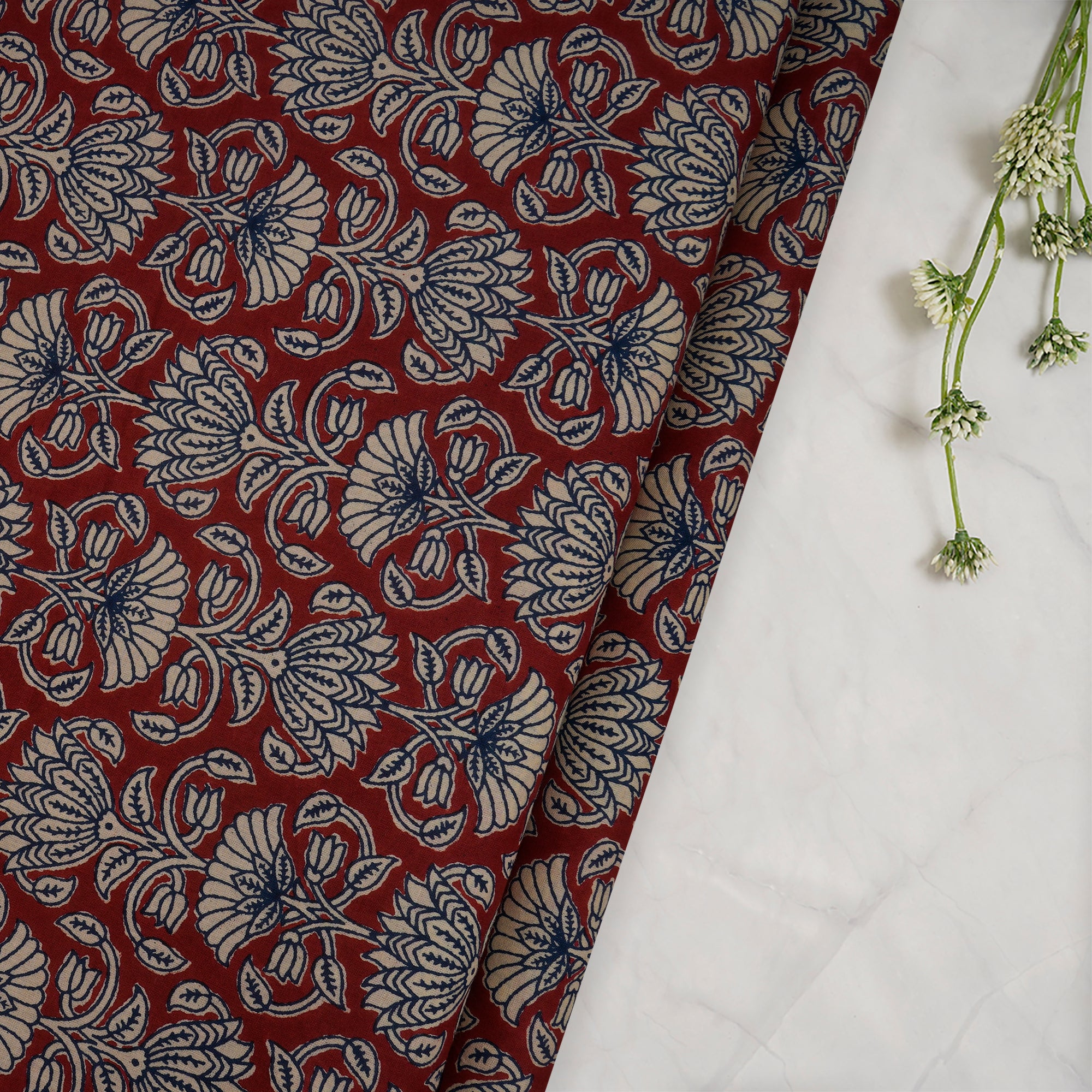 (Pre-Cut 4.40 Mtr)Maroon Hand Block Printed Cotton Fabric