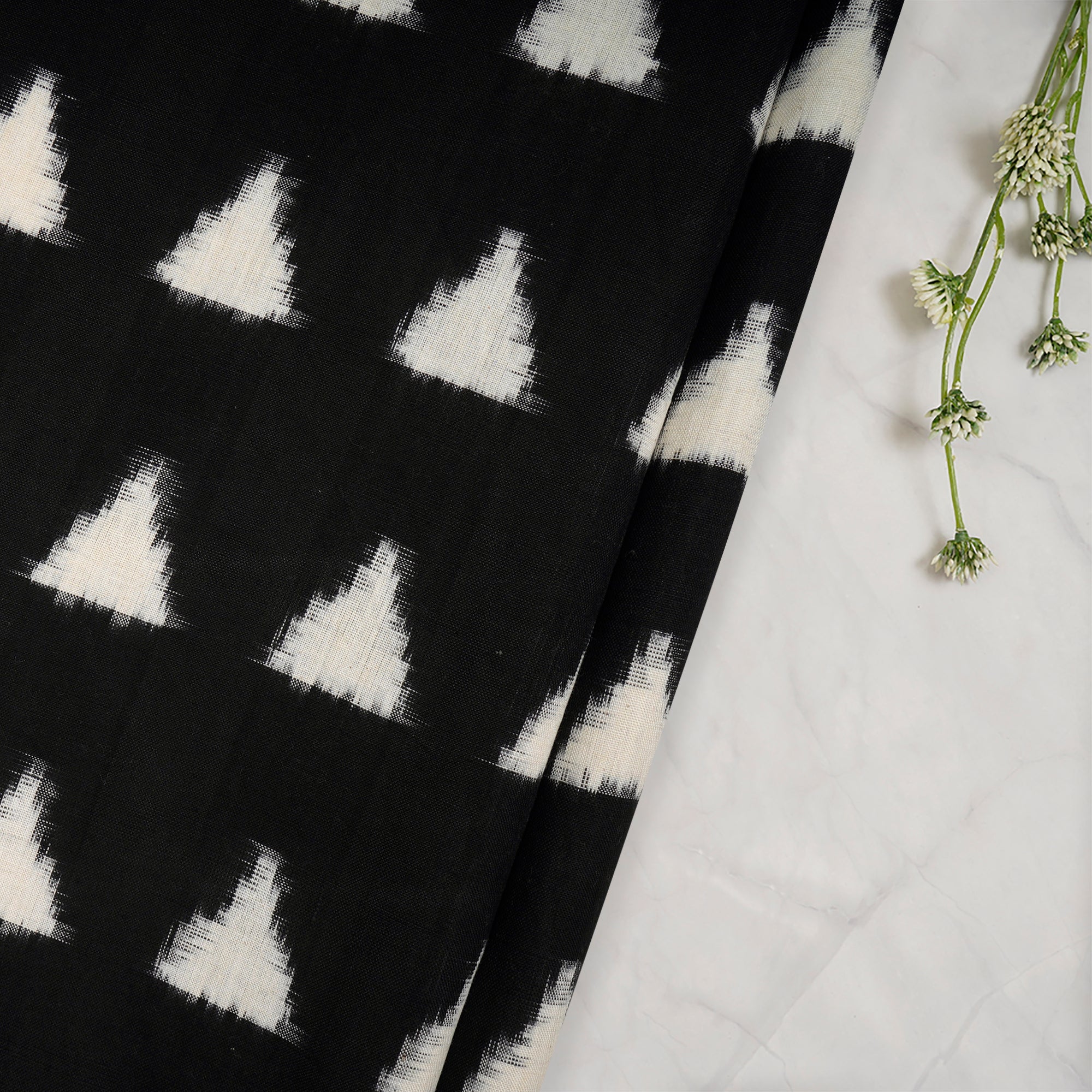 (Pre-Cut 0.60 Mtr)Black-White Handwoven Ikat Cotton Fabric