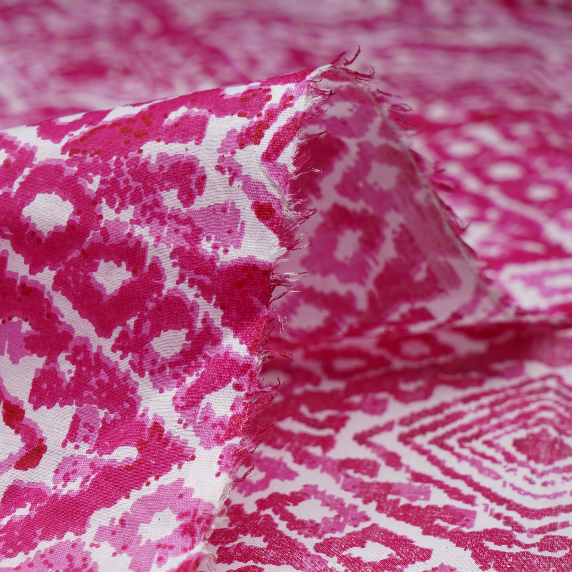 (Pre-Cut 1.10Mtr)Pink Color Printed Tussar Chanderi Fabric