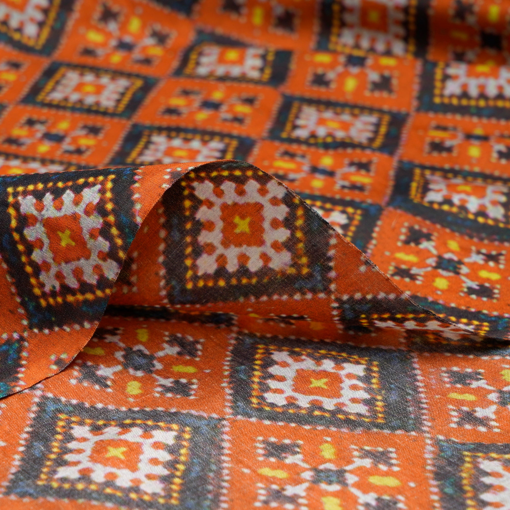 (Pre-Cut 0.90 Mtr)Burnt Orange Patola Pattern Digital Print Silk Fabric