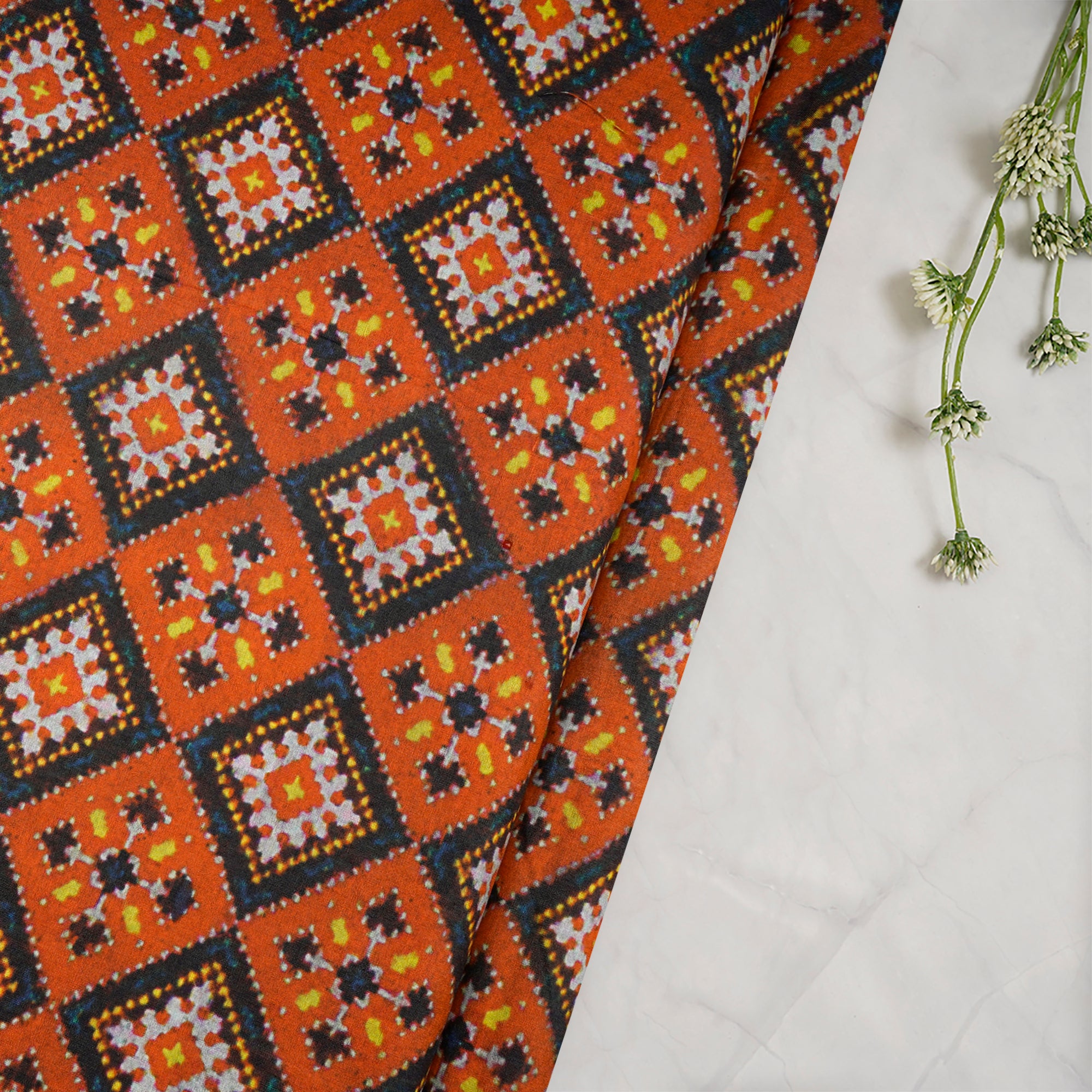 (Pre-Cut 1.00 Mtr)Orange Patola Pattern Digital Print Silk Fabric