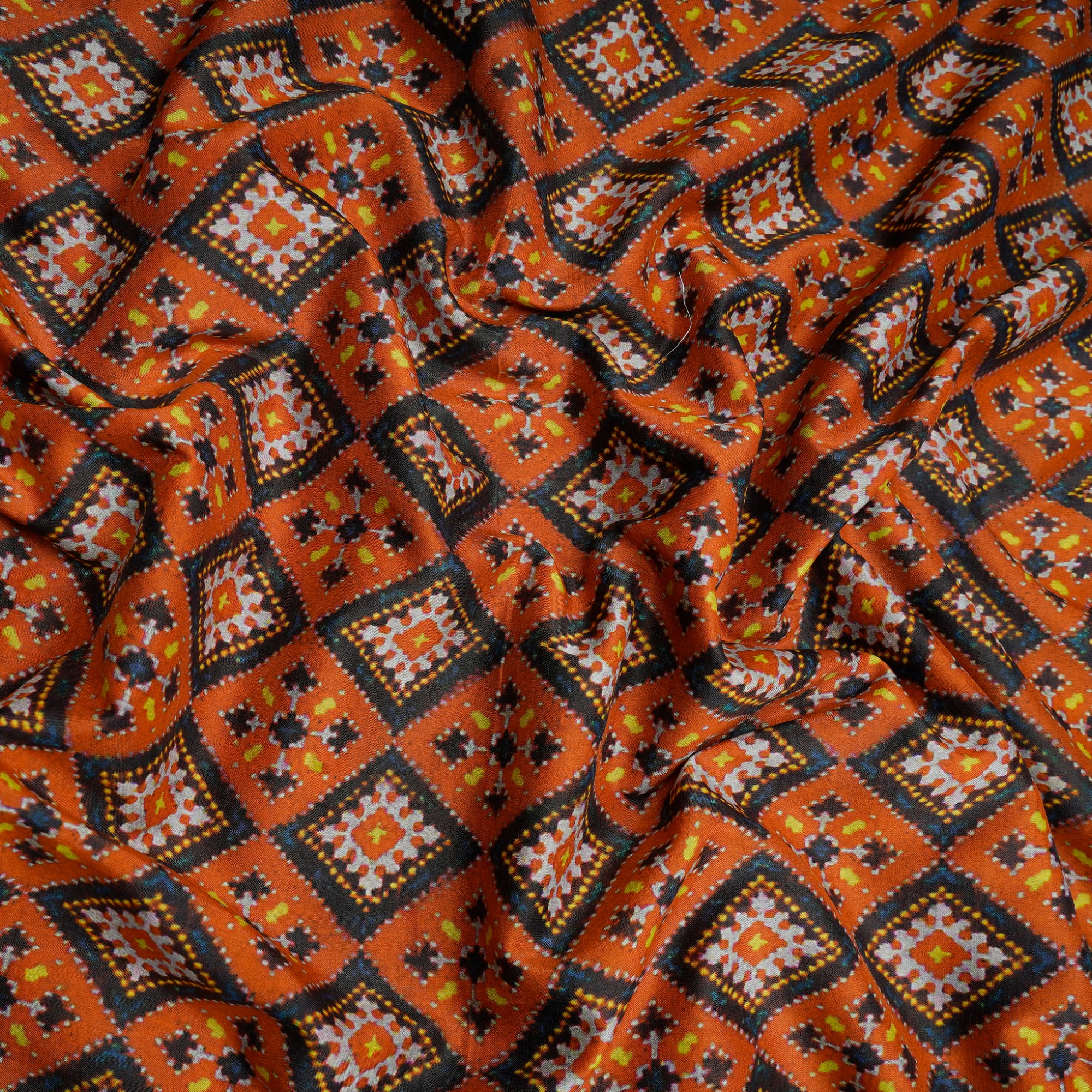 (Pre-Cut 1.00 Mtr)Orange Patola Pattern Digital Print Silk Fabric