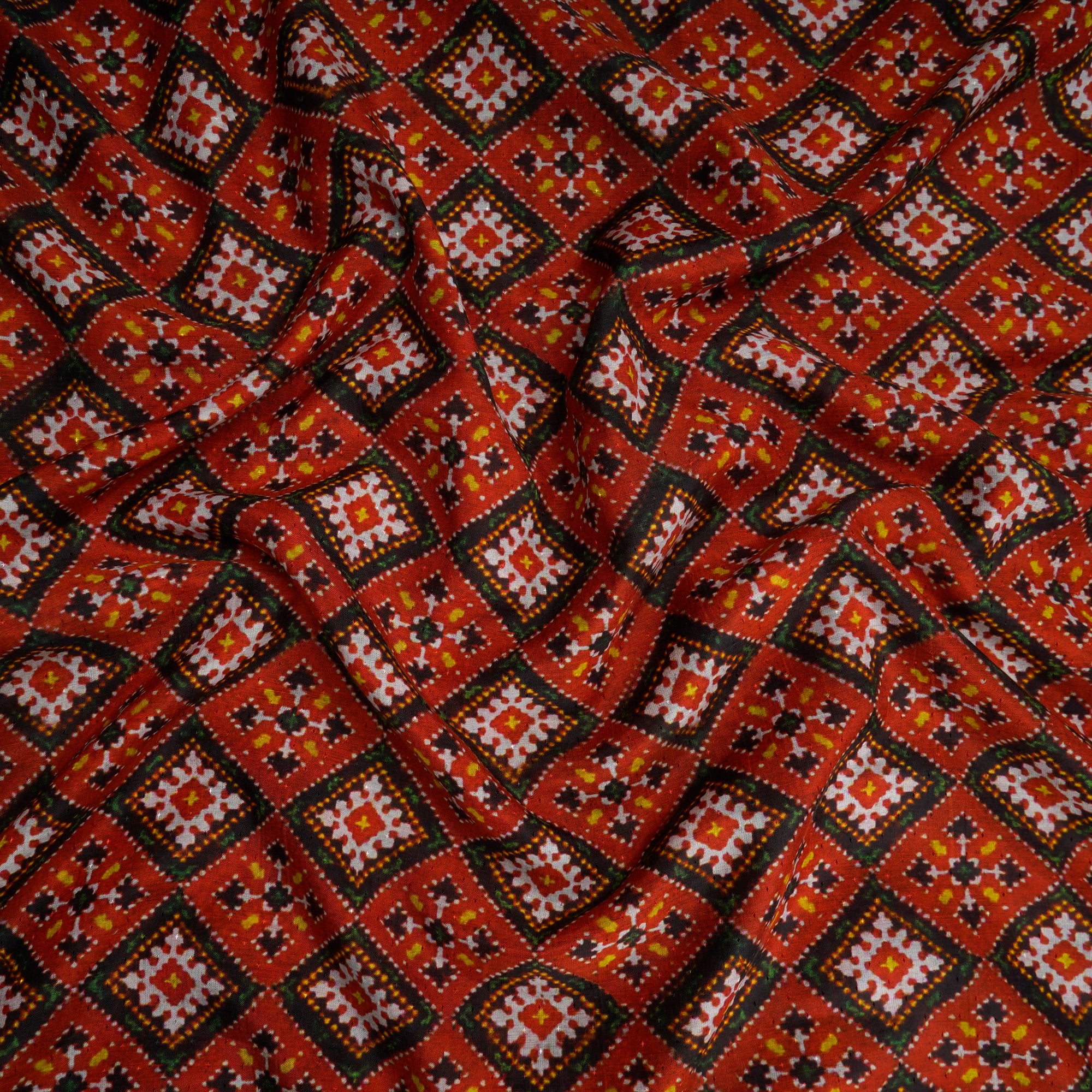 (Pre-Cut 1.50 Mtr)Fire Whirl Patola Pattern Digital Print Silk Fabric