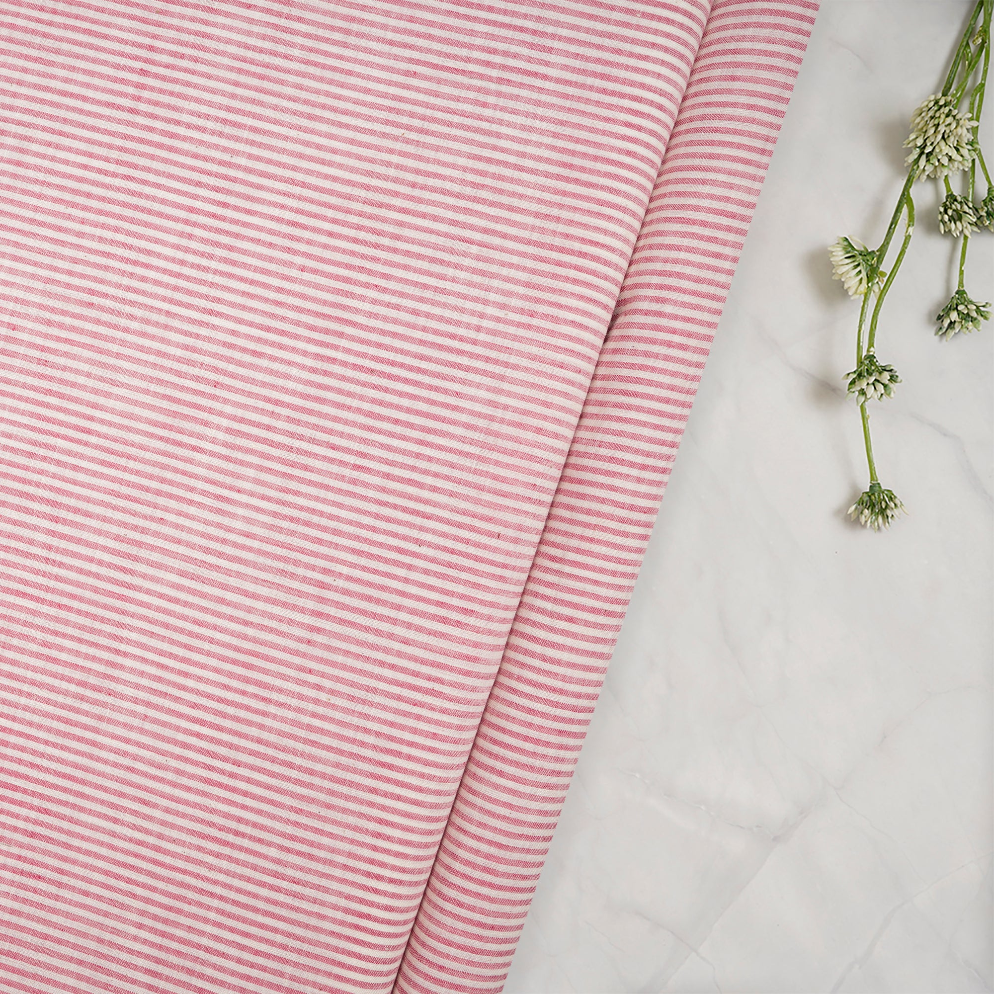 (Pre-Cut 2.00 Mtr)Pink-Cream Stripe Pattern Yarn Dyed Cotton Muslin Fabric
