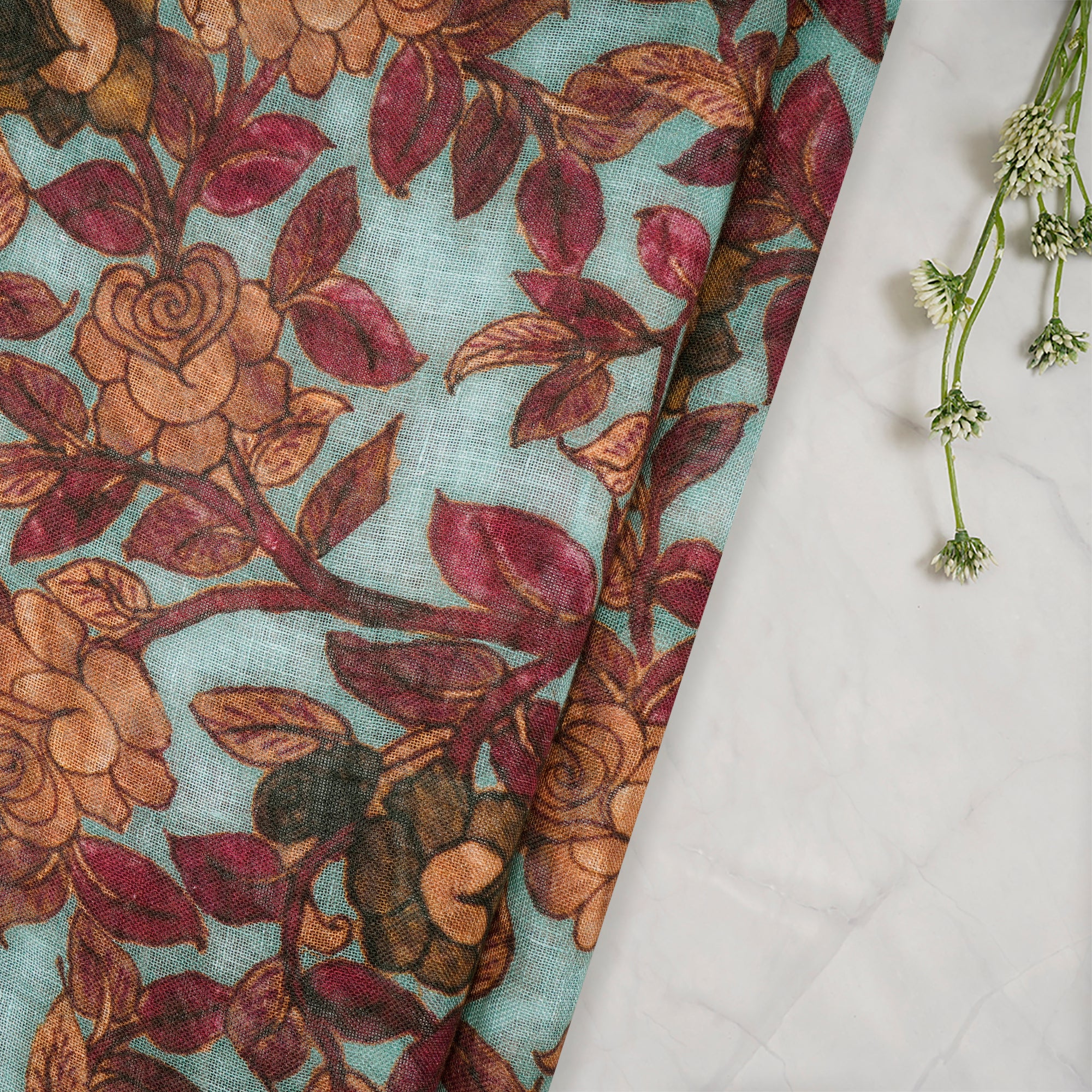 (Pre-Cut 2.60 Mtr) Multi Color Floral Pattern Digital Printed Gauge Linen Fabric