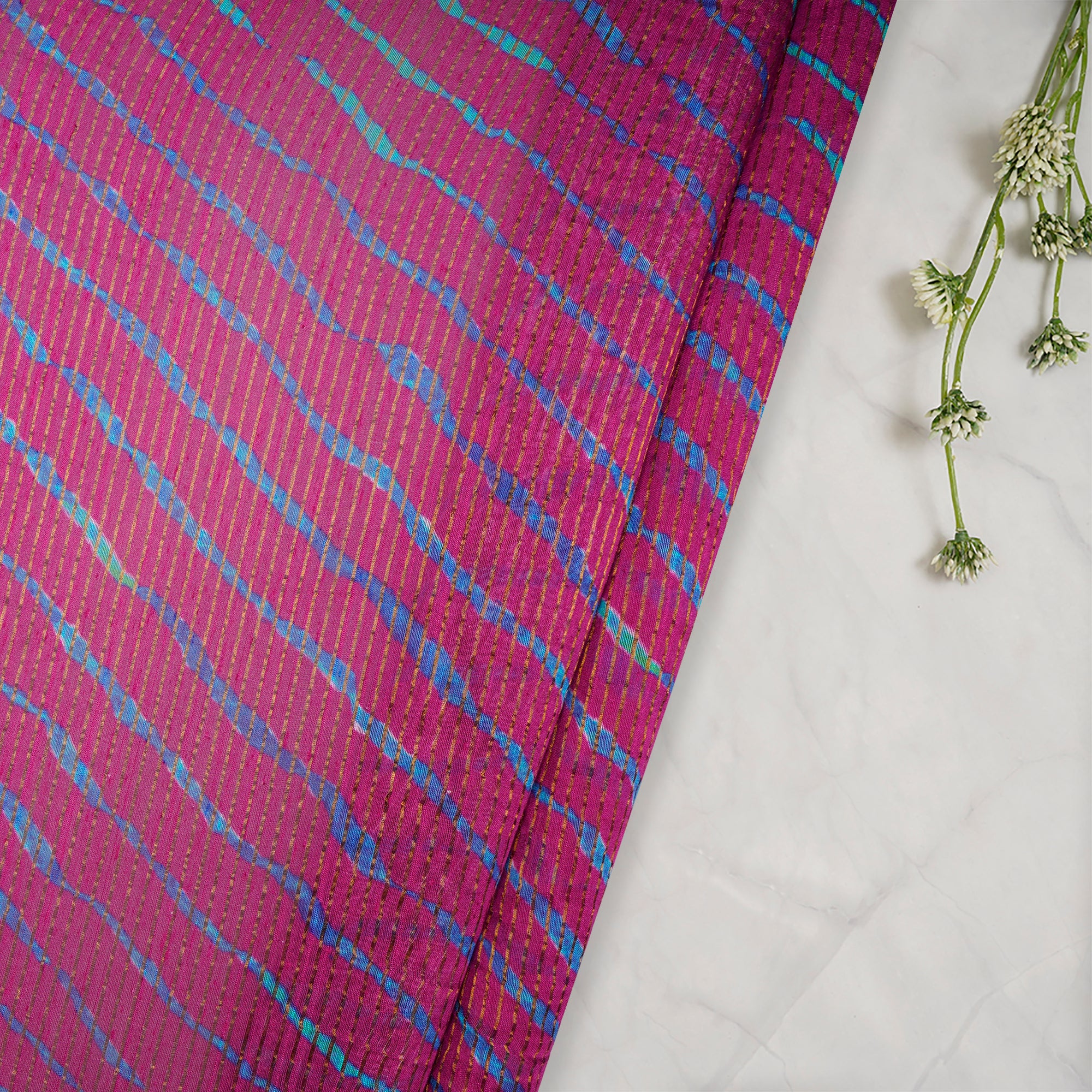 (Pre-Cut 1.00 Mtr)Pink-Blue Lehariya Pattern Digital Print Chanderi Fabric