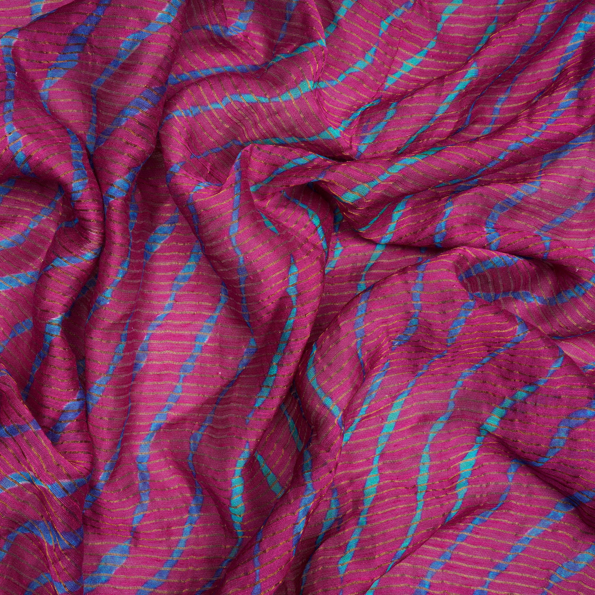 (Pre-Cut 1.00 Mtr)Pink-Blue Lehariya Pattern Digital Print Chanderi Fabric