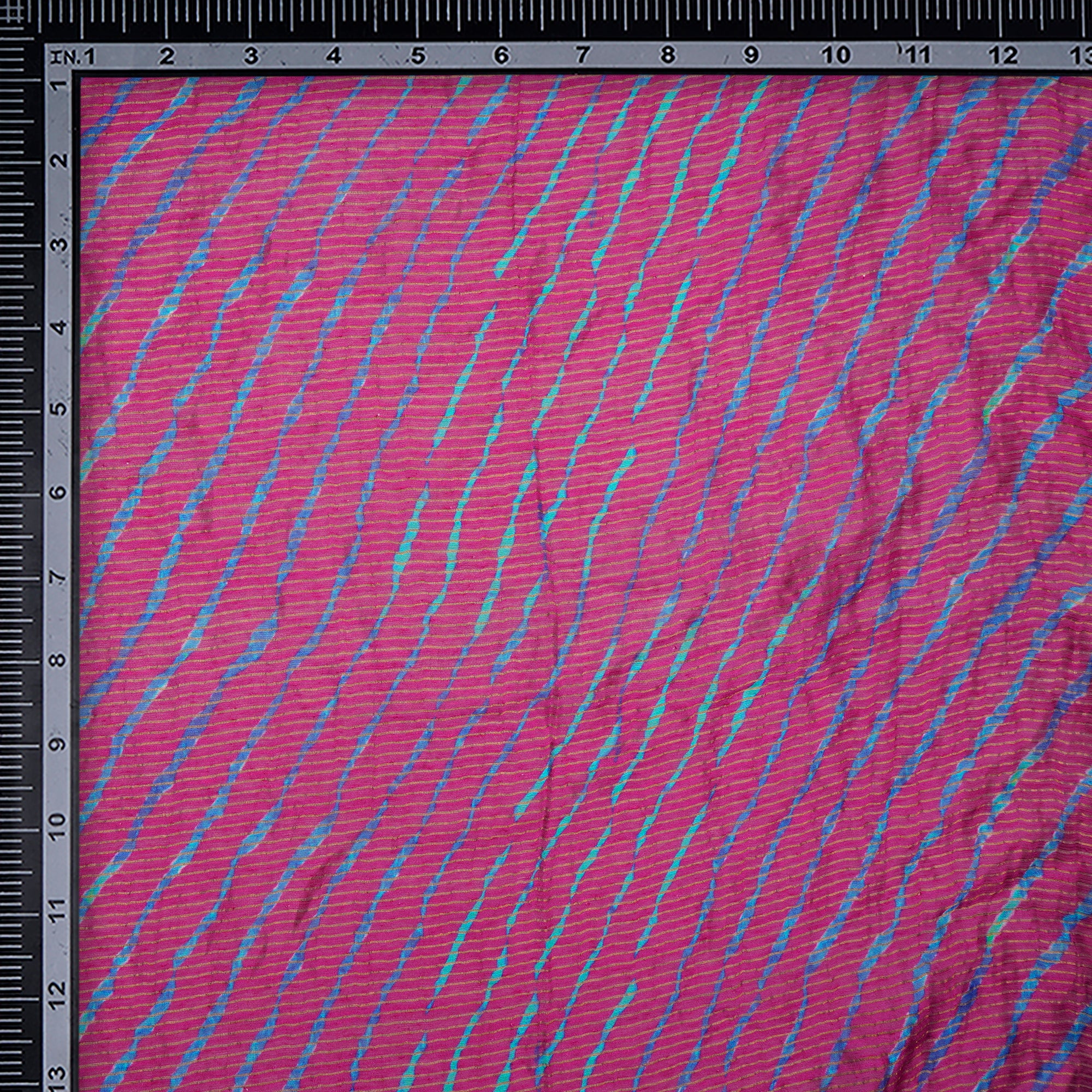 (Pre-Cut 1.00 Mtr)Pink-Blue Lehariya Pattern Digital Print Chanderi Fabric