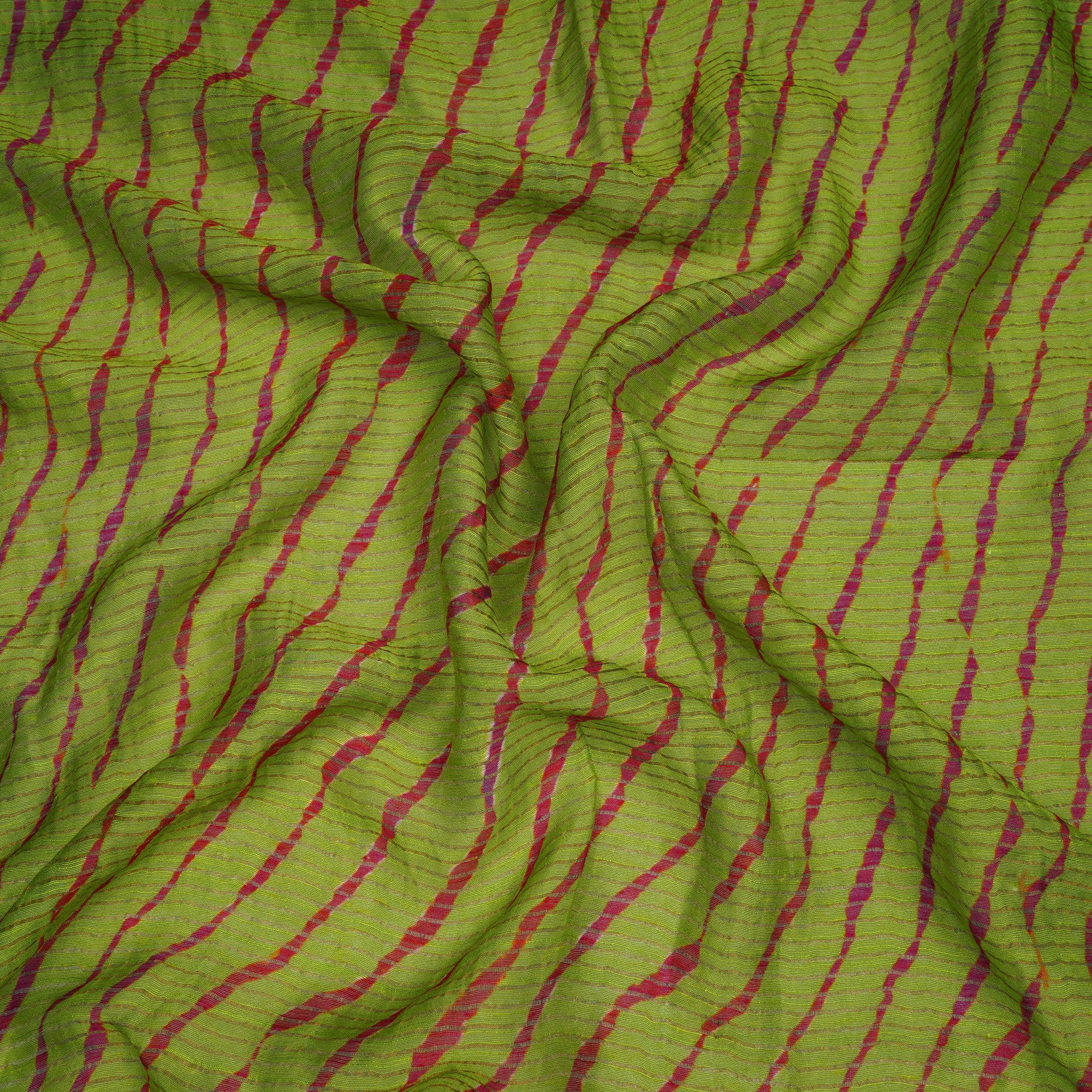 (Pre-Cut 1.00 Mtr)Parrot Green Lehariya Pattern Digital Print Fancy Chanderi Fabric
