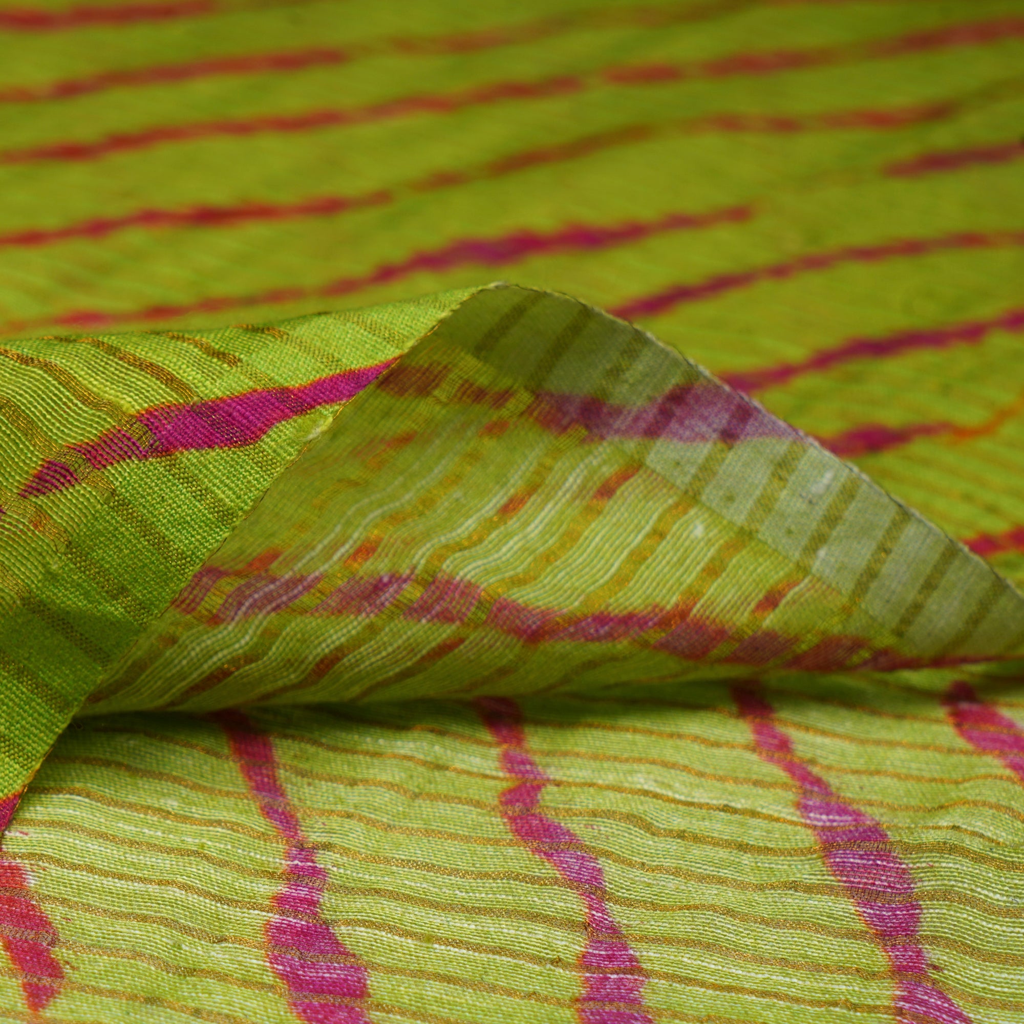 (Pre-Cut 1.00 Mtr)Parrot Green Lehariya Pattern Digital Print Fancy Chanderi Fabric