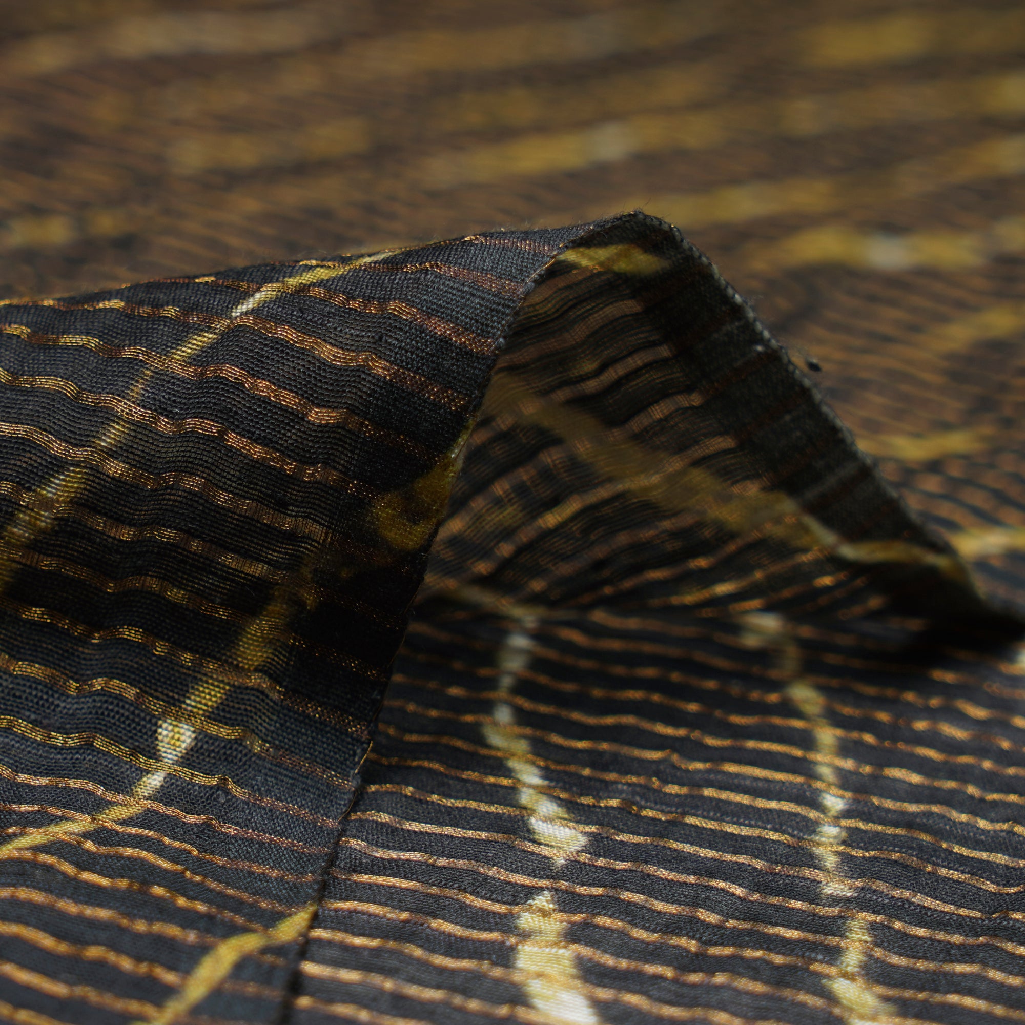 (Pre-Cut 1.90 Mtr)Black Lahariya Pattern Digital Print Fancy Chanderi Fabric