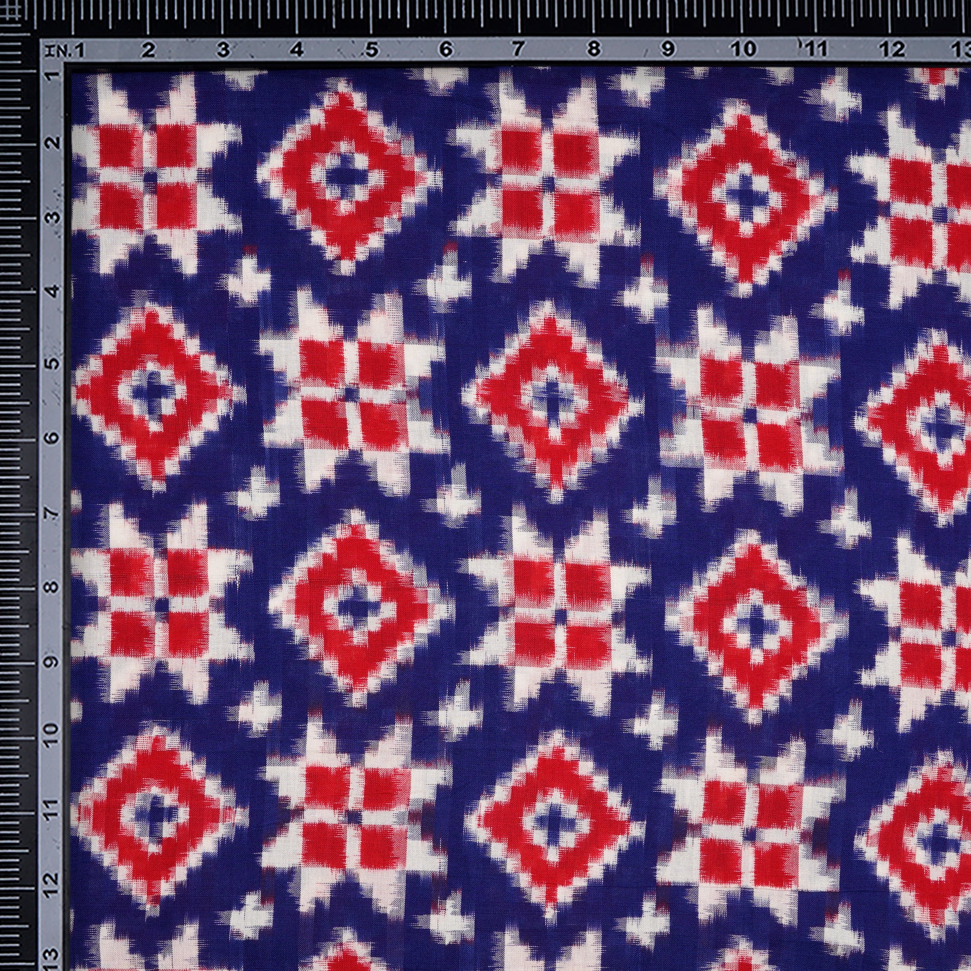 (Pre-Cut 2.30 Mtr)Blue-Red Color Handwoven Telia Rumal Pure Cotton Ikat Fabric