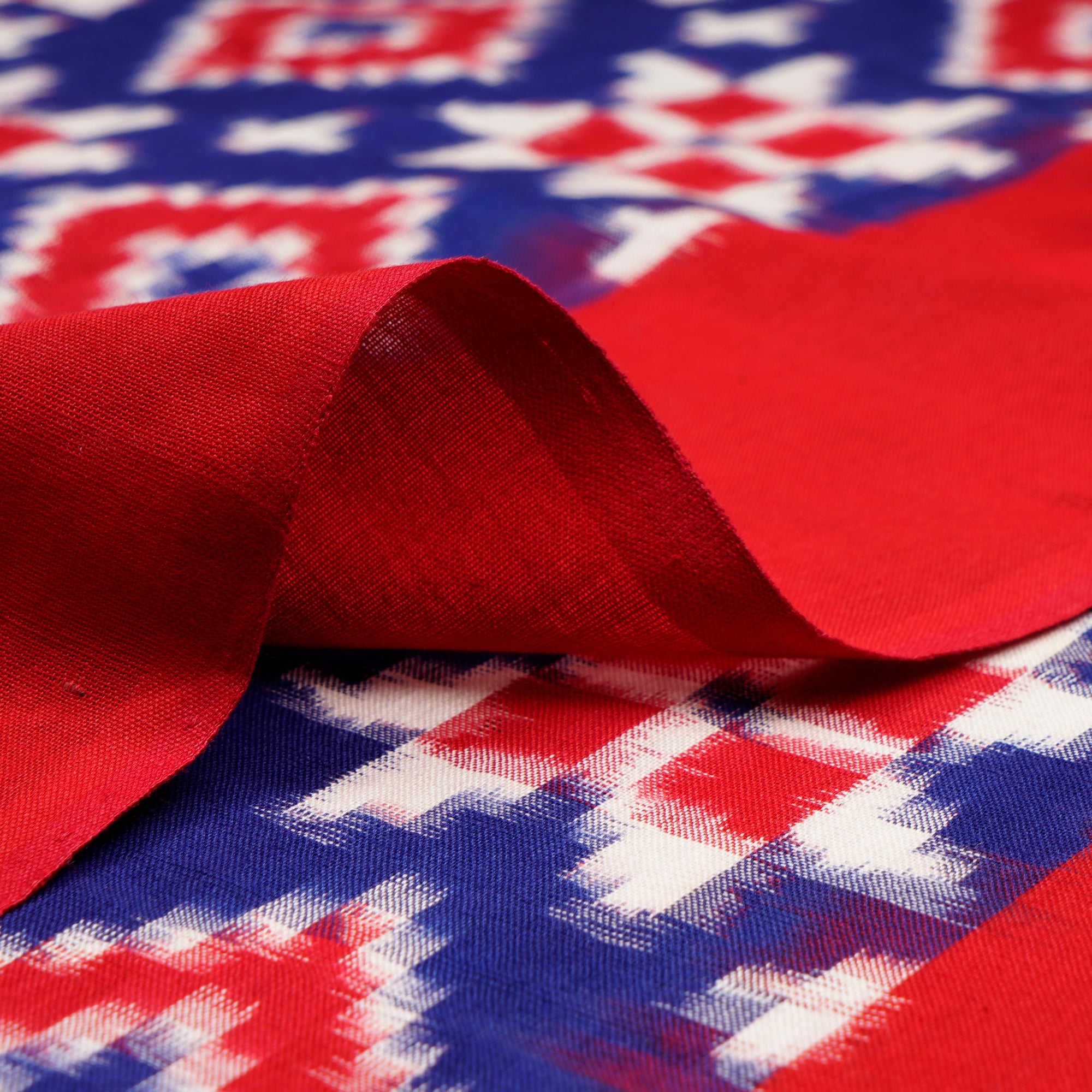 (Pre-Cut 2.30 Mtr)Blue-Red Color Handwoven Telia Rumal Pure Cotton Ikat Fabric