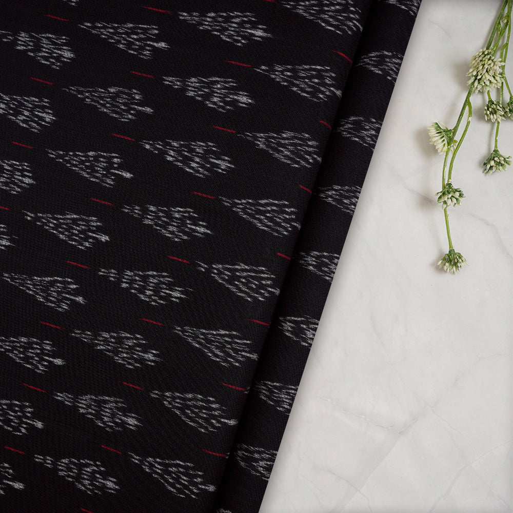 (Pre-Cut 2.40 Mtr)Black Color Washed Mercerized Woven Ikat Cotton Fabric