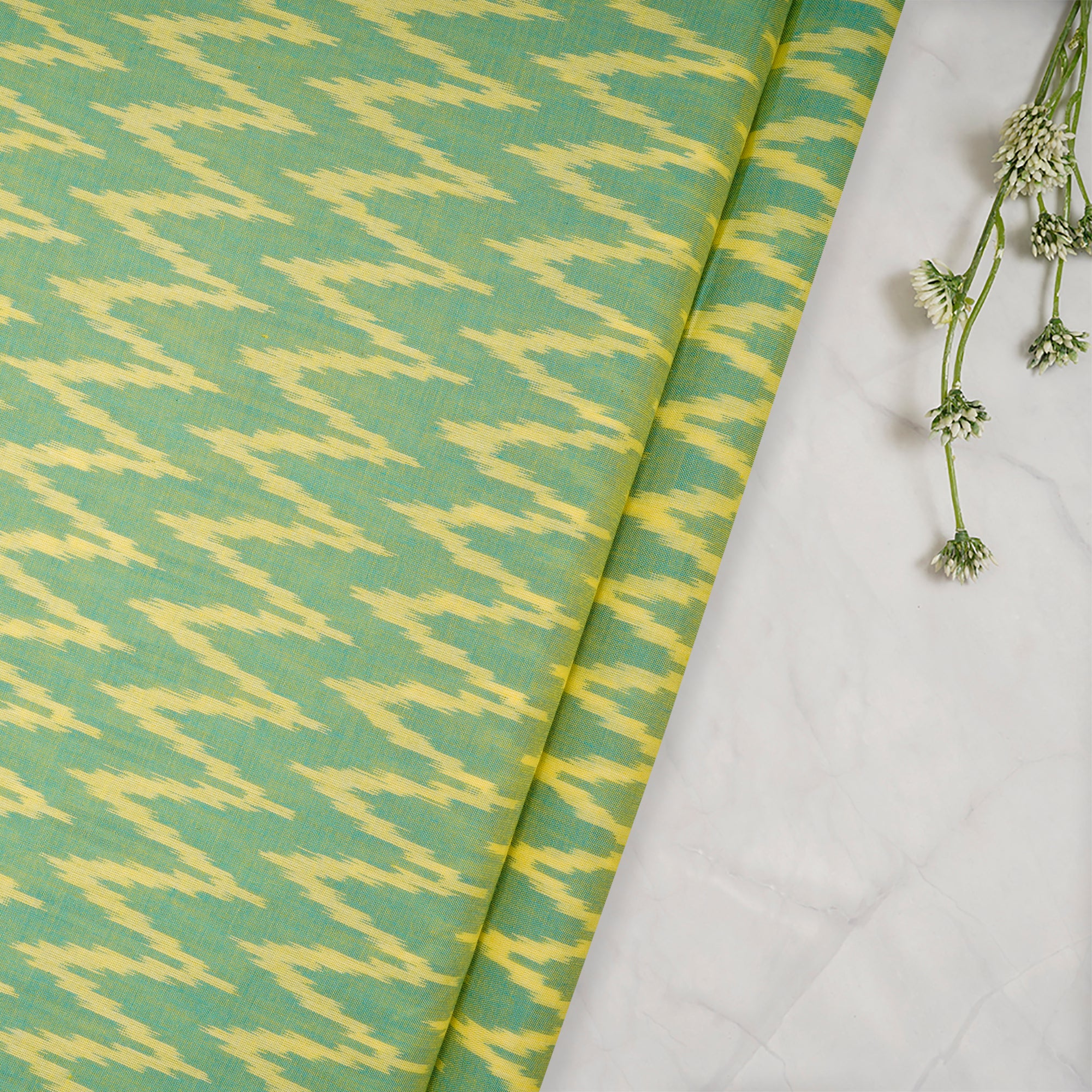 (Pre-Cut 3.70 Mtr) Green-Yellow Washed Woven Ikat Cotton Fabric