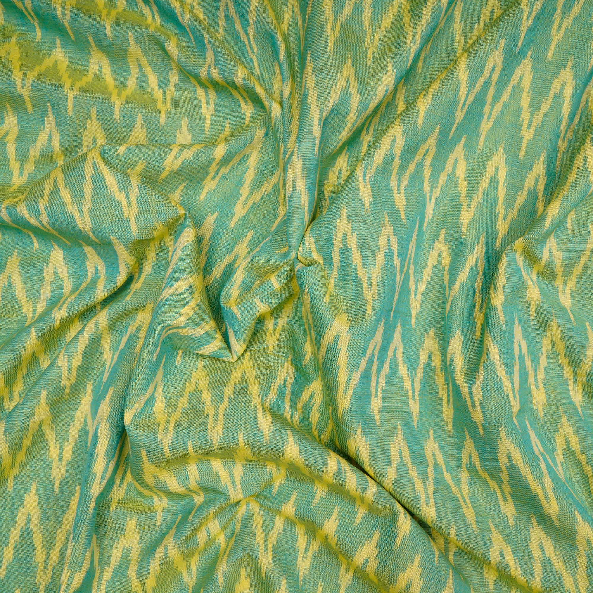 (Pre-Cut 3.70 Mtr) Green-Yellow Washed Woven Ikat Cotton Fabric