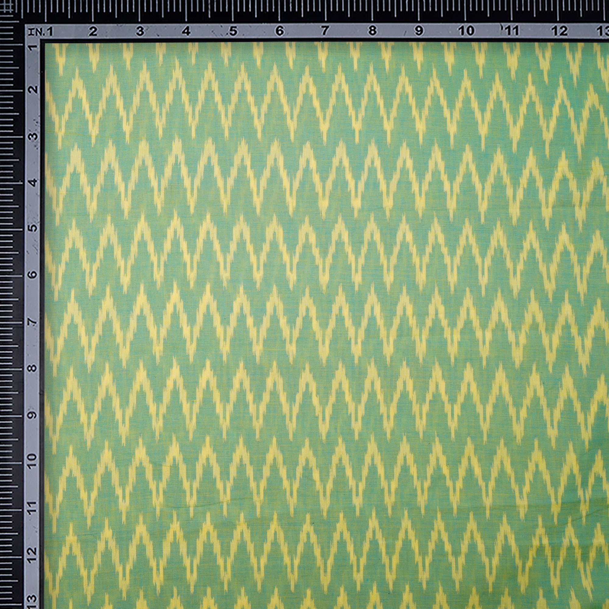 (Pre-Cut 3.70 Mtr) Green-Yellow Washed Woven Ikat Cotton Fabric
