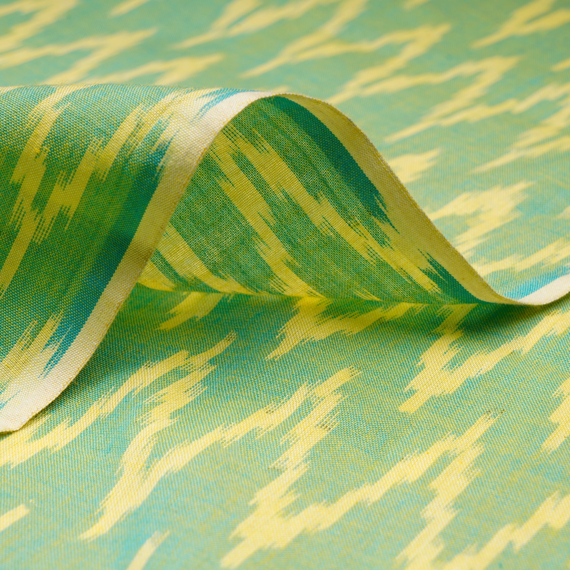 (Pre-Cut 3.70 Mtr) Green-Yellow Washed Woven Ikat Cotton Fabric