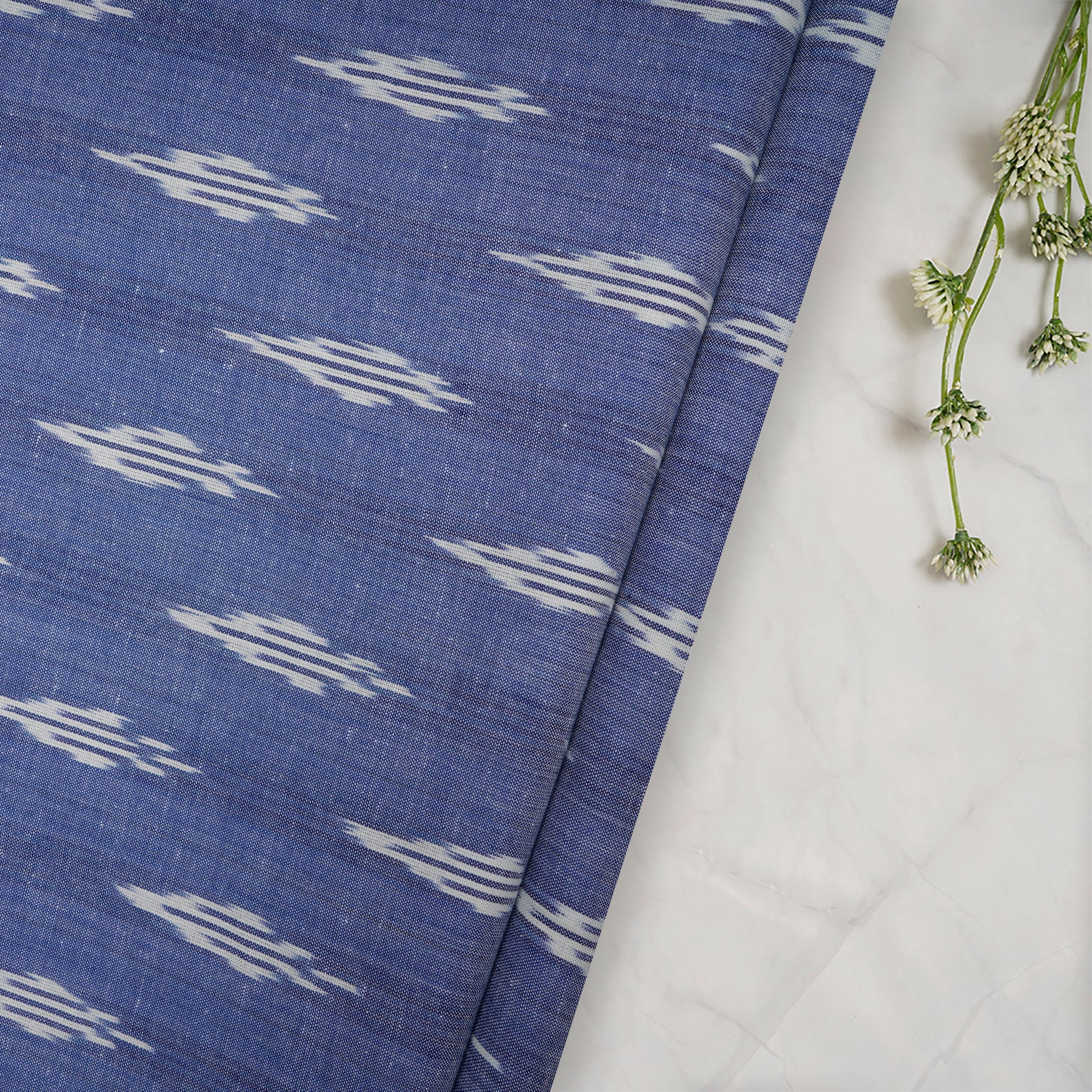 (Pre-Cut 1.00 Mtr)Blue White Washed Woven Ikat Cotton Fabric