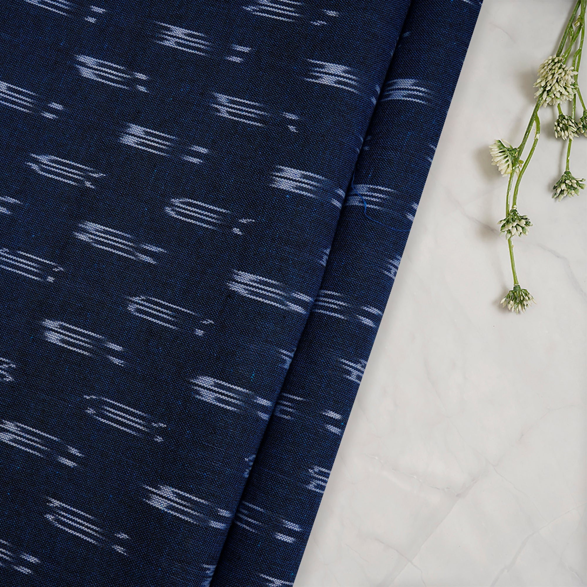 (Pre-Cut 1.05 Mtr)Navy Blue Washed Woven Ikat Cotton Fabric