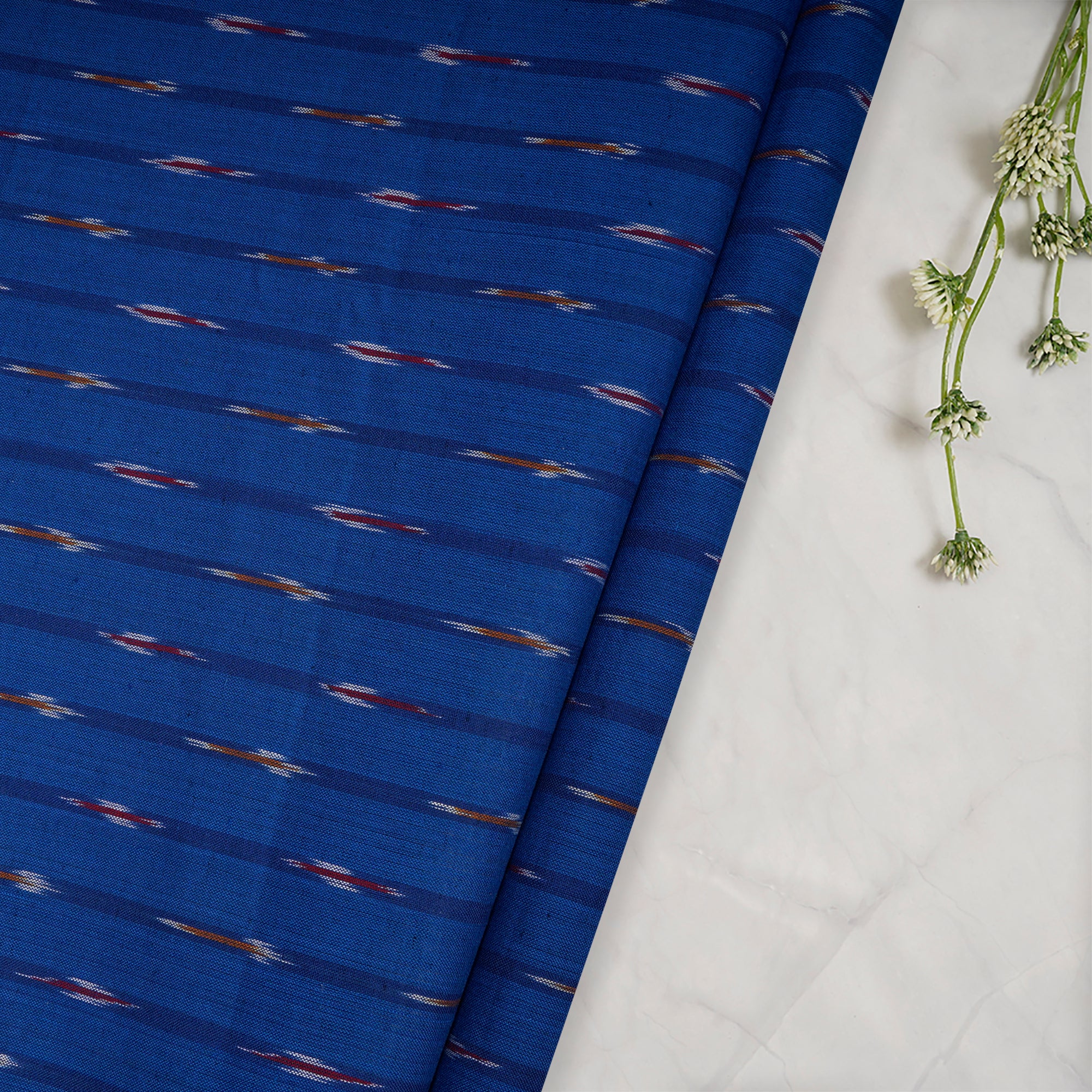 (Pre-Cut 1.30 Mtr)Lapis Blue Washed Woven Ikat Cotton Fabric