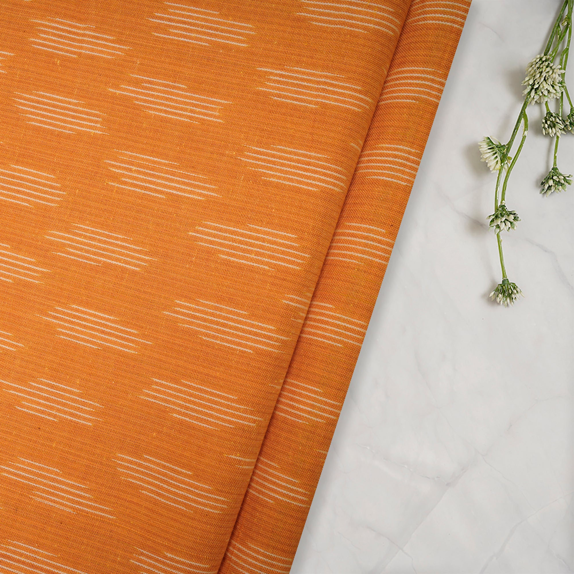 (Pre-Cut 1.60 Mtr)Orange Washed Woven Ikat Cotton Fabric