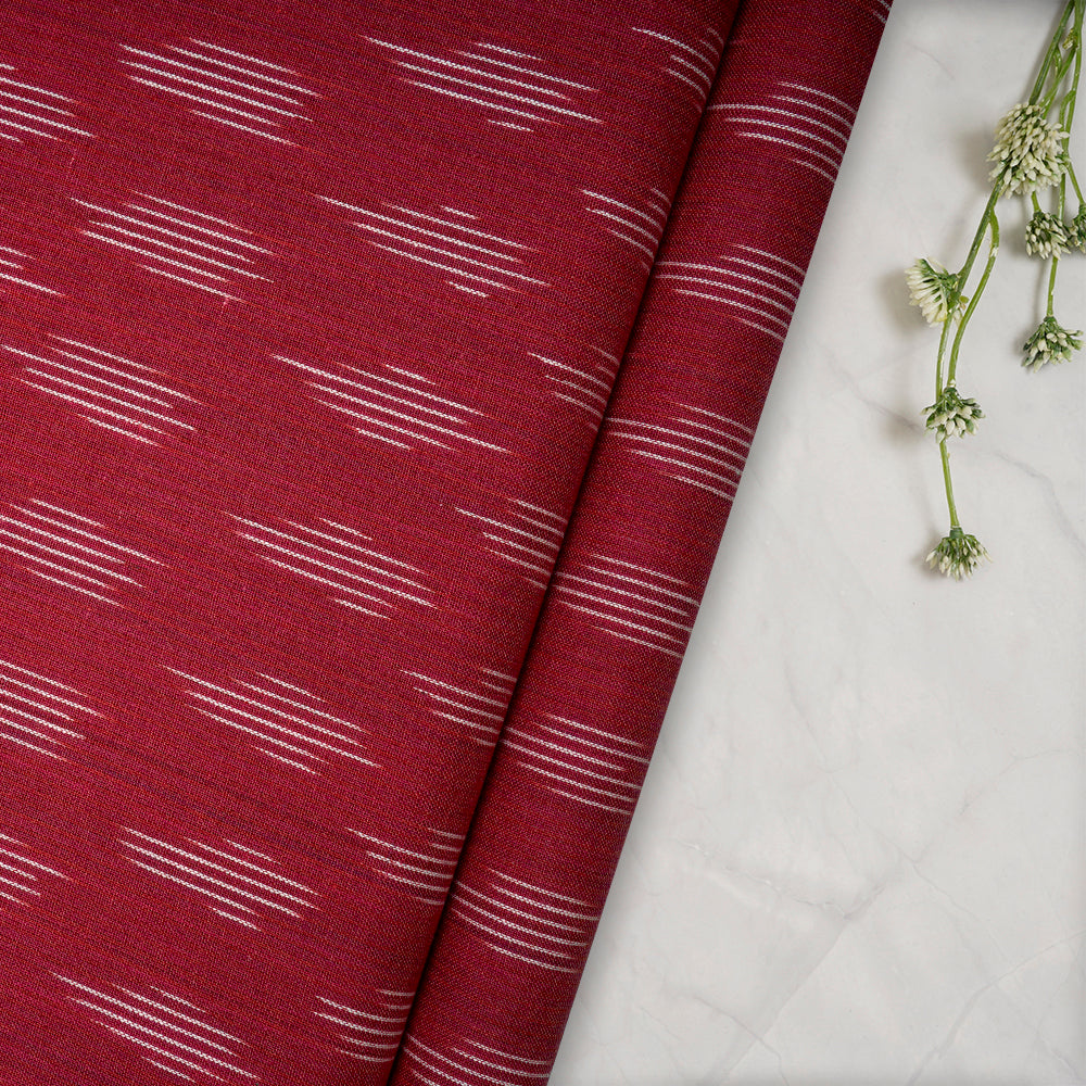 (Pre-Cut 2.00 Mtr)Maroon Color Washed Woven Ikat Cotton Fabric