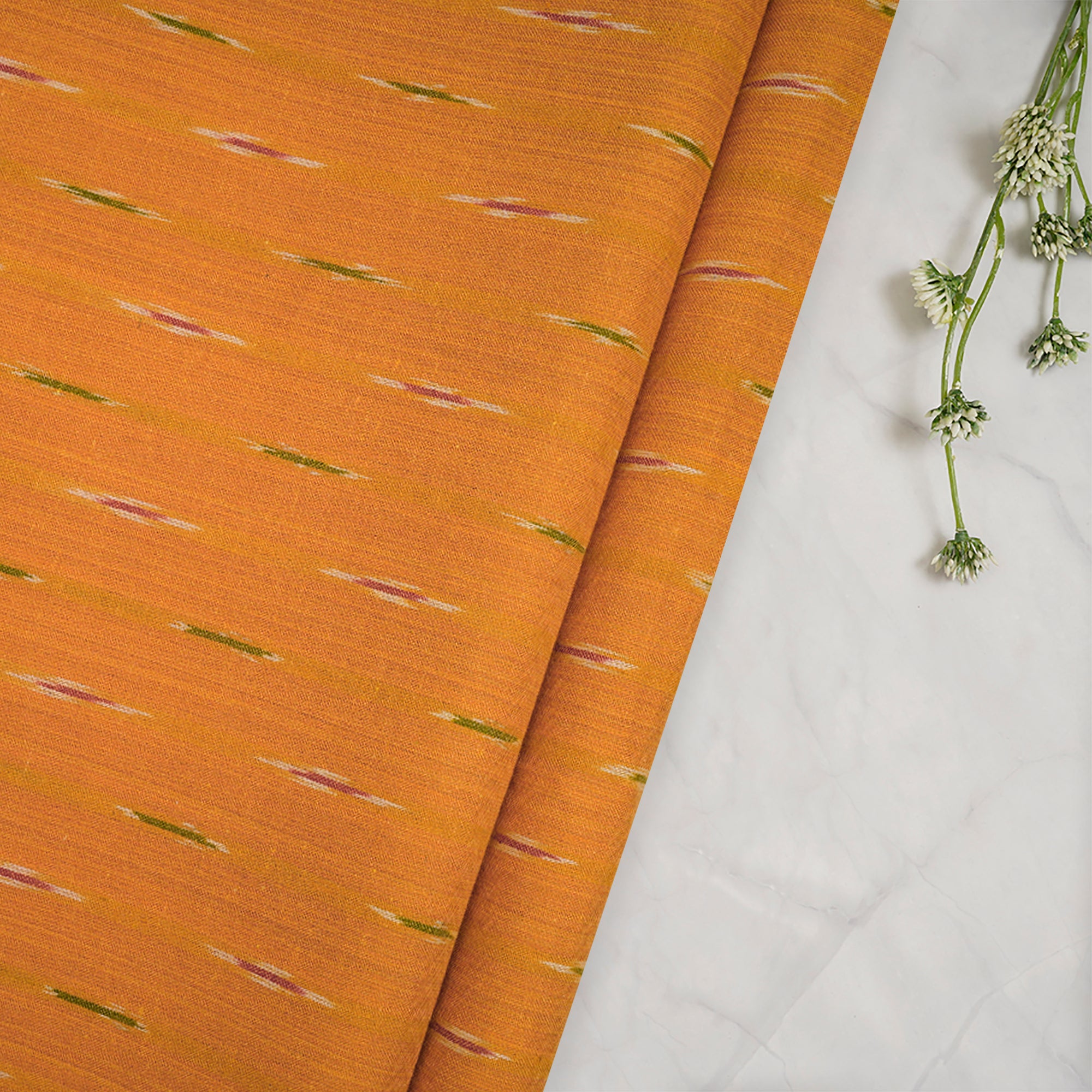 (Pre-Cut 2.50 Mtr) Orange Mercerized Washed Woven Ikat Cotton Fabric